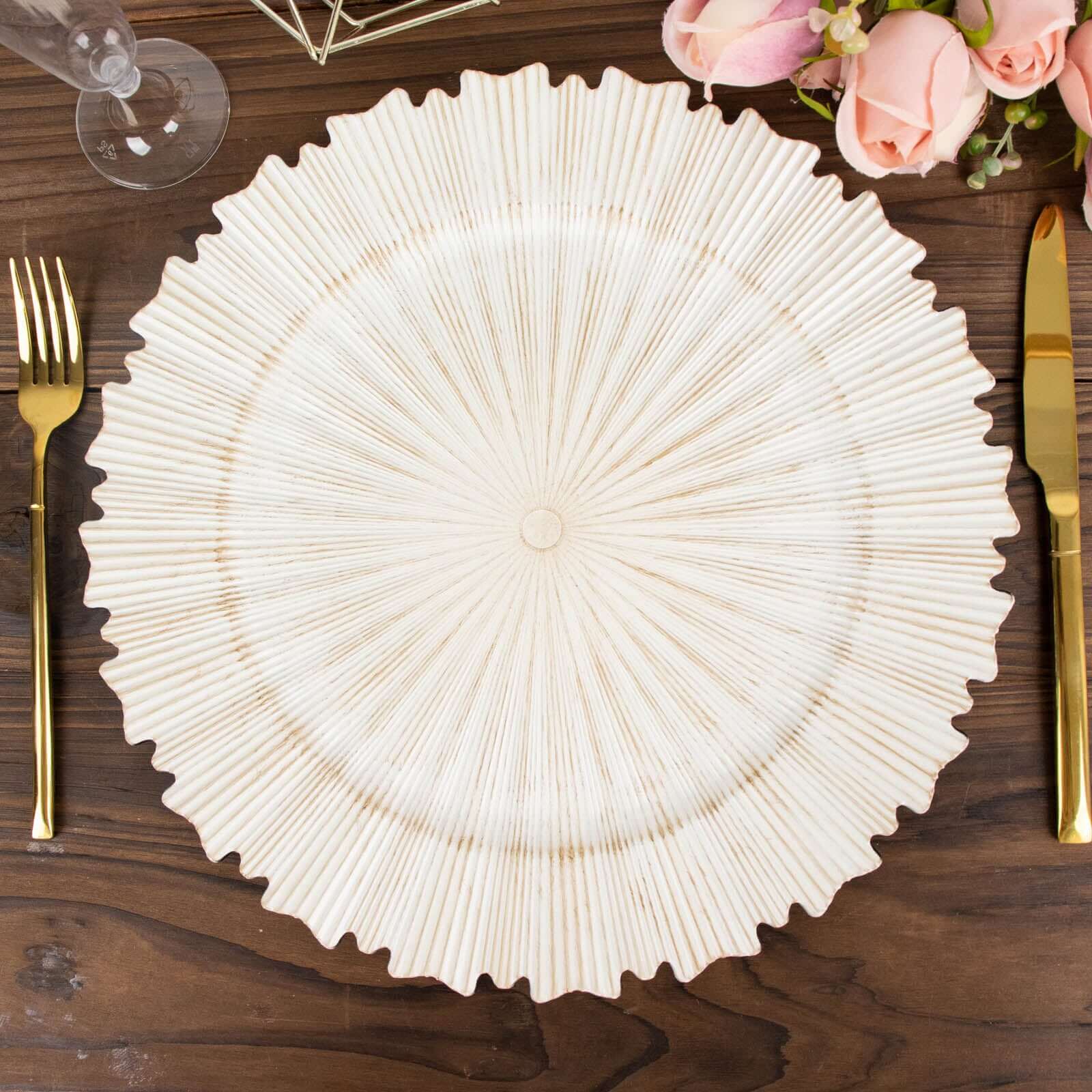 6-Piece Set of 13-Inch Washwhite Acrylic Charger Plates with Sunray Scalloped Rim for Dinner Parties