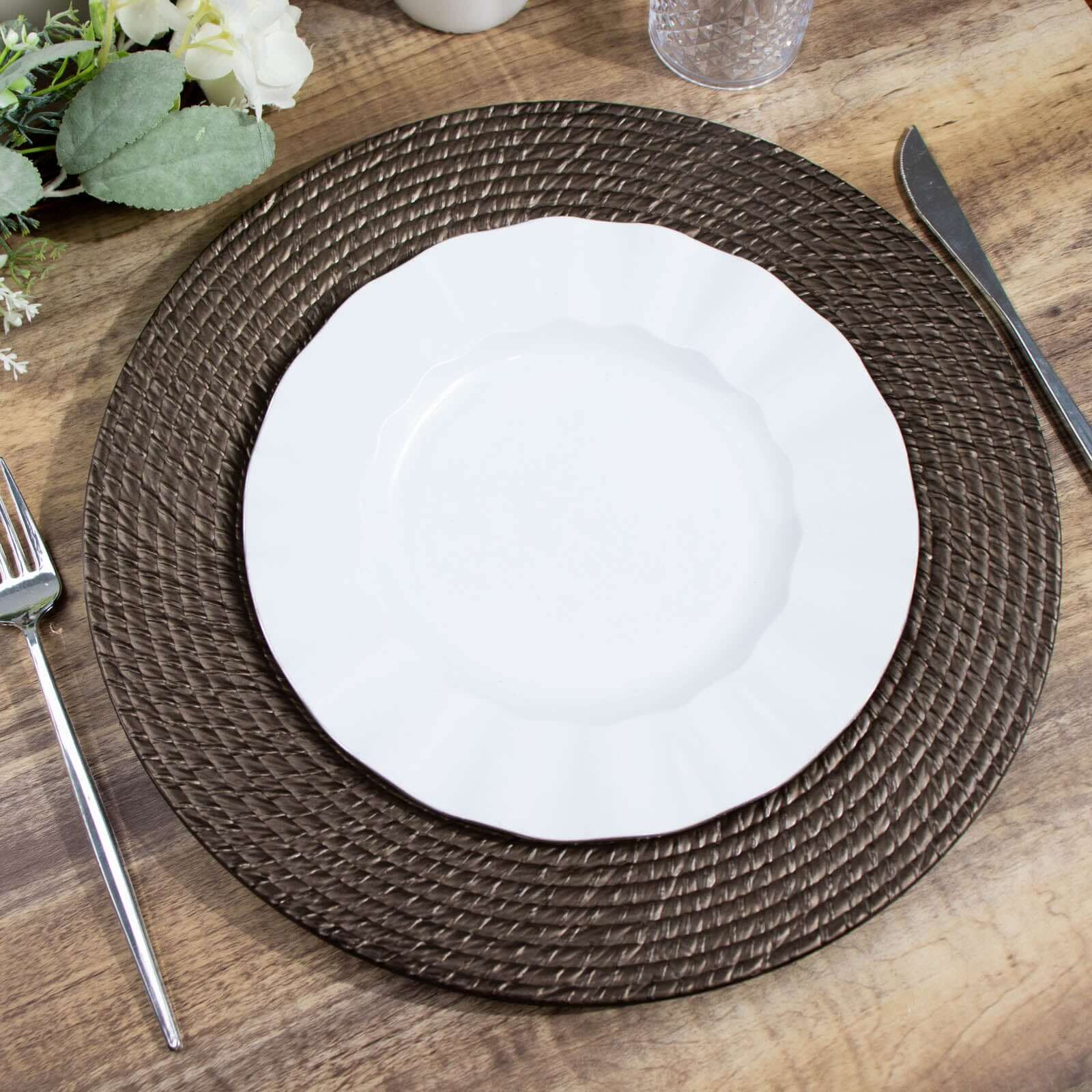 6-Piece Set of 13-Inch Natural Brown Acrylic Charger Plates with Rattan Look, Reusable for Events