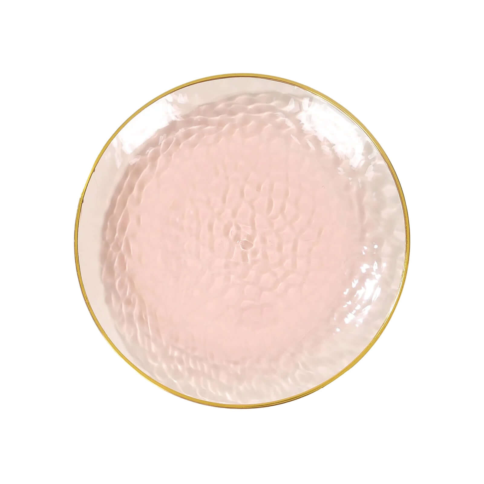 10-Pack Transparent Blush Hammered Plastic Round Dessert Plates with Gold Rim - Disposable & Modern
