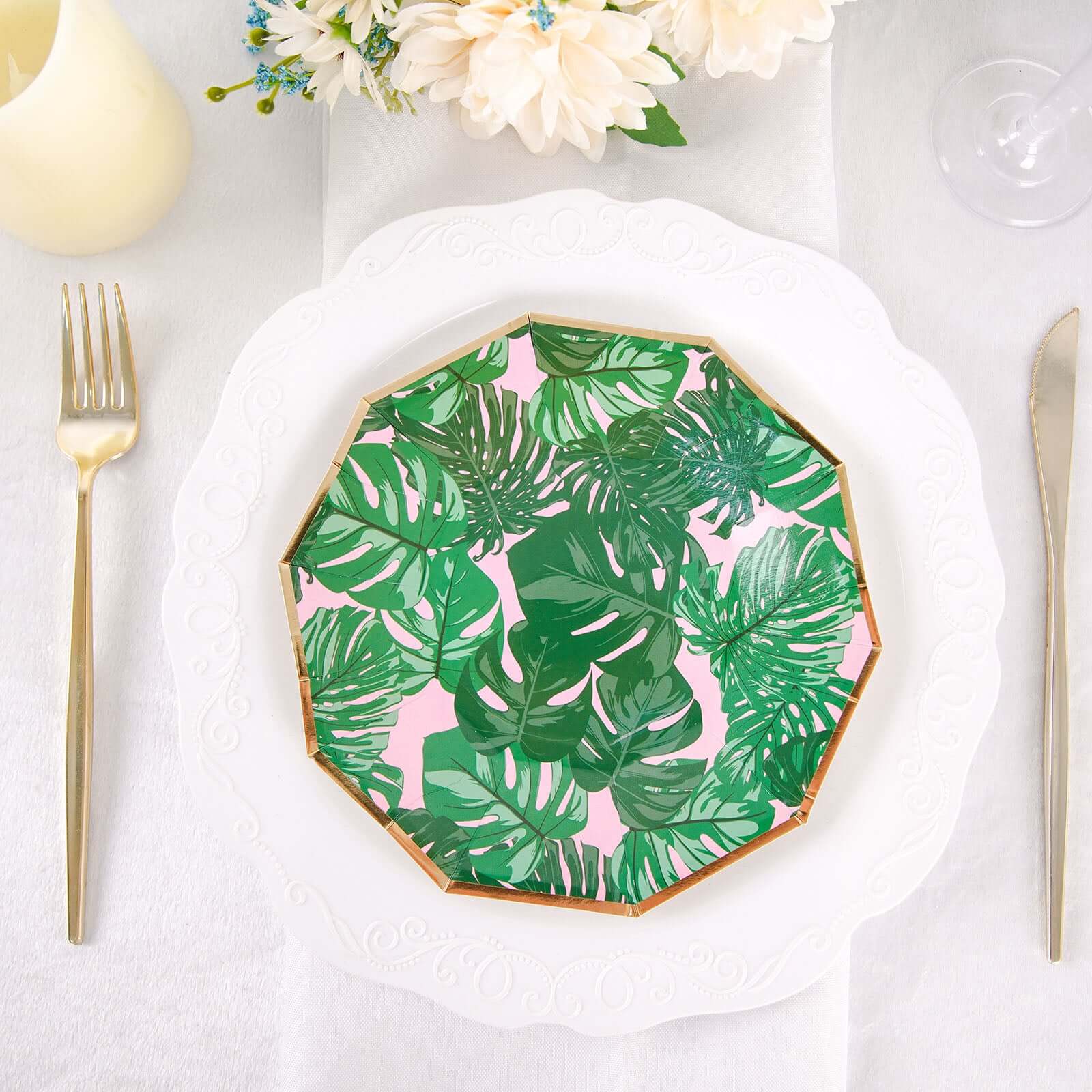 Hot Deal! 25-Pack Disposable 7-Inch Pink Paper Decagon Dessert Plates with Green Tropical Palm Leaves & Gold Rim for Boho & Jungle Events