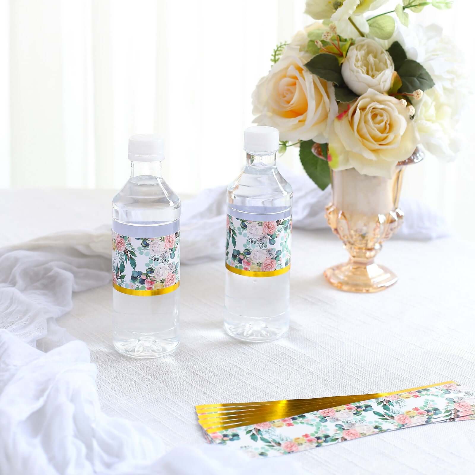 24-Pack Waterproof Water Bottle Labels: Peony Floral Design with Gold Trim in White & Pink