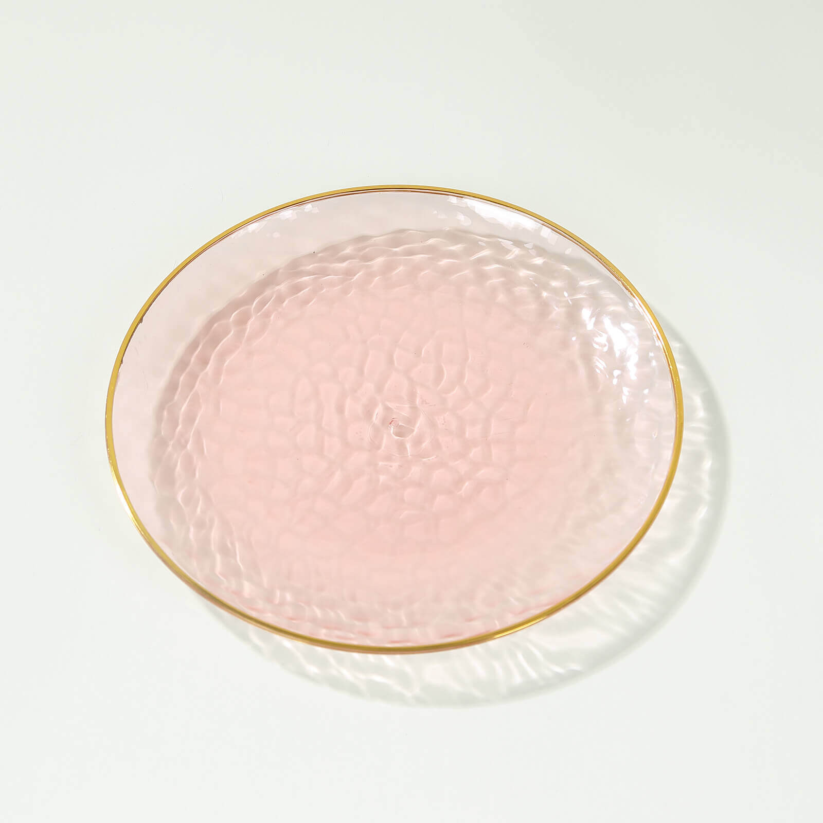 10-Pack Transparent Blush Hammered Plastic Round Dessert Plates with Gold Rim - Disposable & Modern
