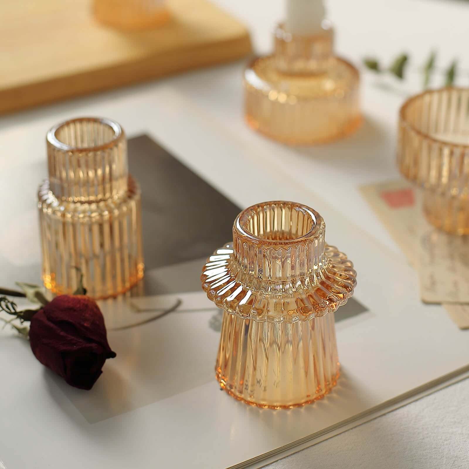 Hot Sale! Set of 6 Amber Gold Glass Taper Candle Holders with Ribbed Crystal Design