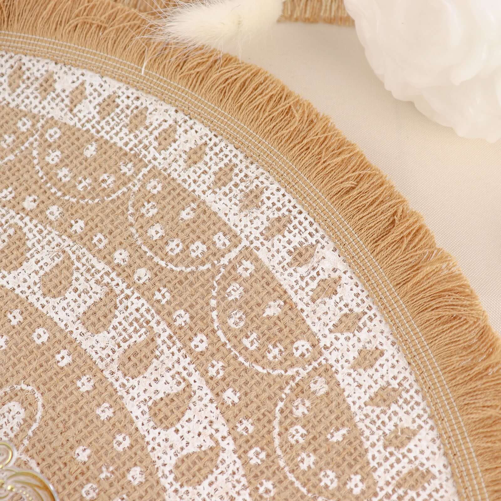 4-Pack Natural Jute and White Round Placemats with Fringe Print - Rustic Style, 15"
