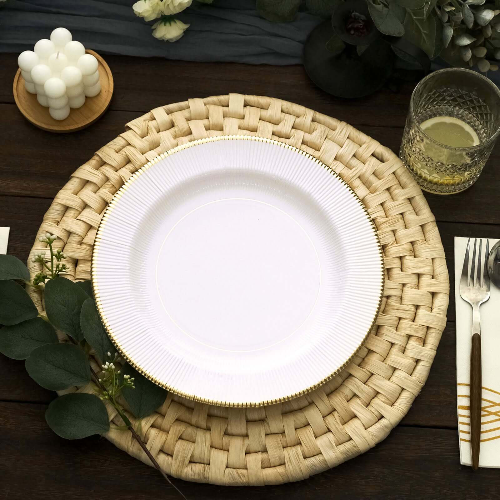 25-Pack Disposable 10-Inch White Sunray Dinner Plates with Gold Rim, 350GSM Heavy Duty