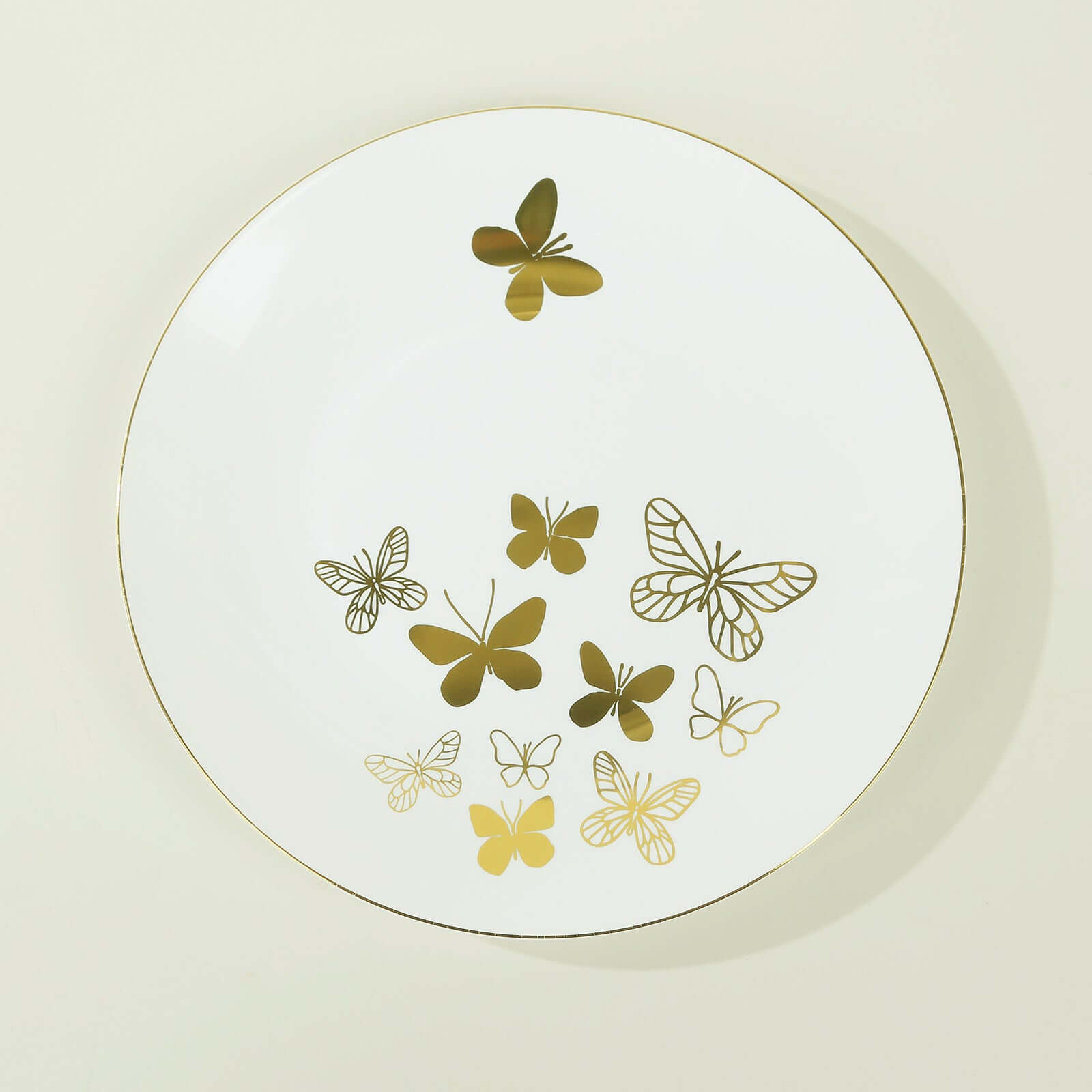 Get 20-Piece White Plastic Dinner & Salad Plates with Gold Butterfly Design & Rim - Ideal for Buffets & Events