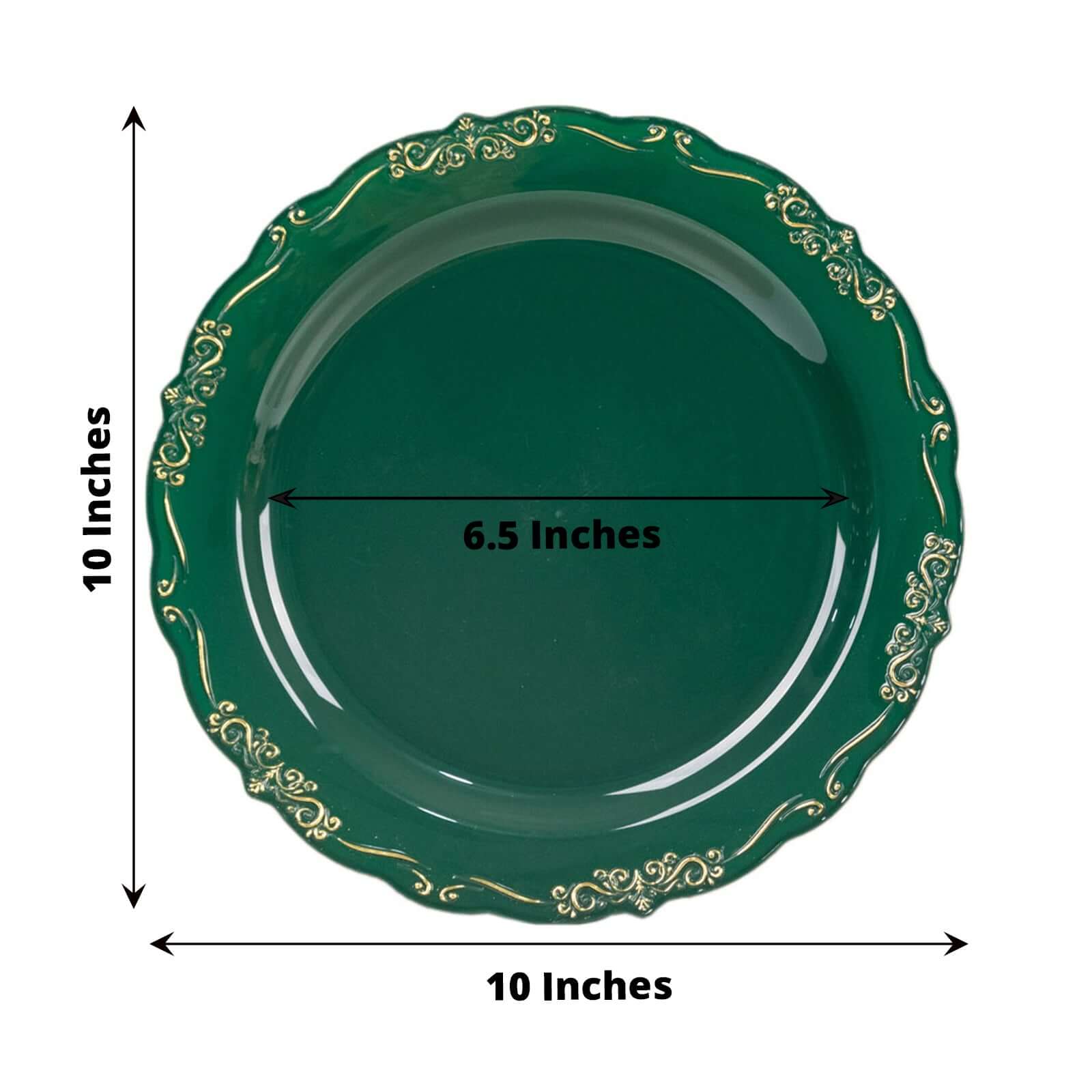 10-Pack Sturdy Disposable Round Dinner Plates in Hunter Green with Gold Embossed Rim