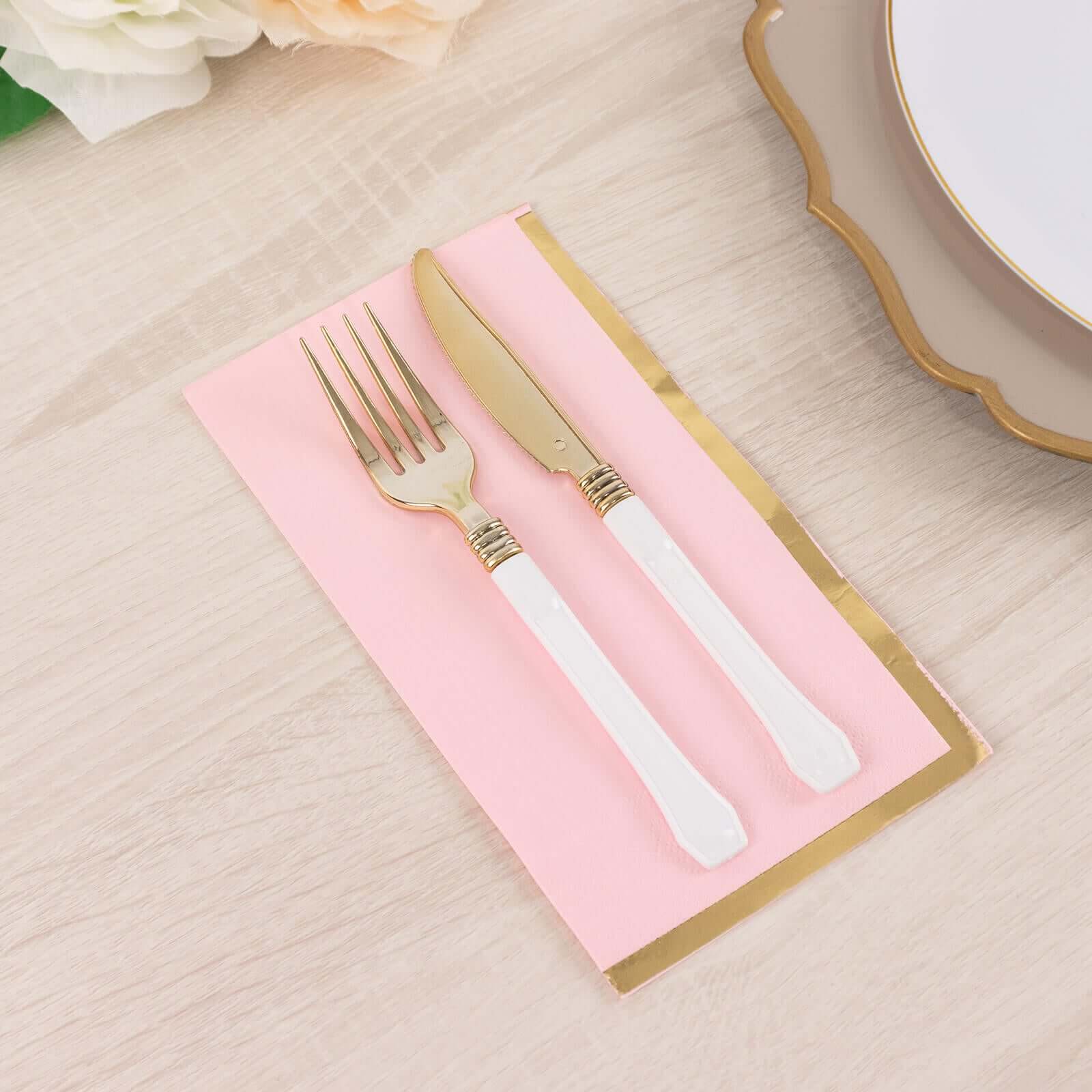 50-Piece 2-Ply Pink Paper Dinner Napkins with Stylish Gold Foil Edge