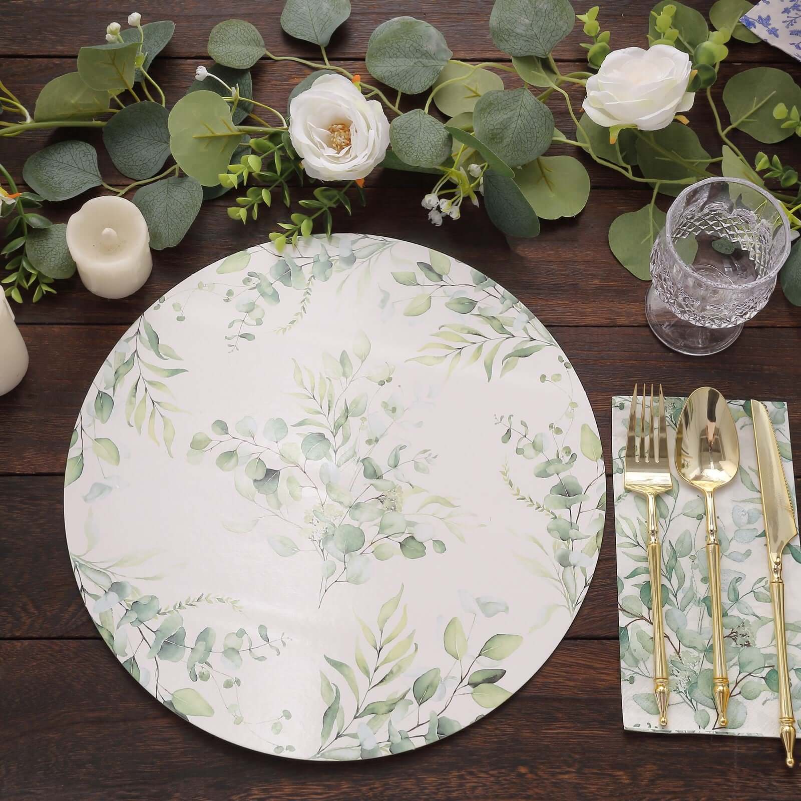 Hot Deal! 6-Pack 13-Inch Disposable Charger Plates with Eucalyptus Leaves Print, 700GSM Floral Paper Chargers