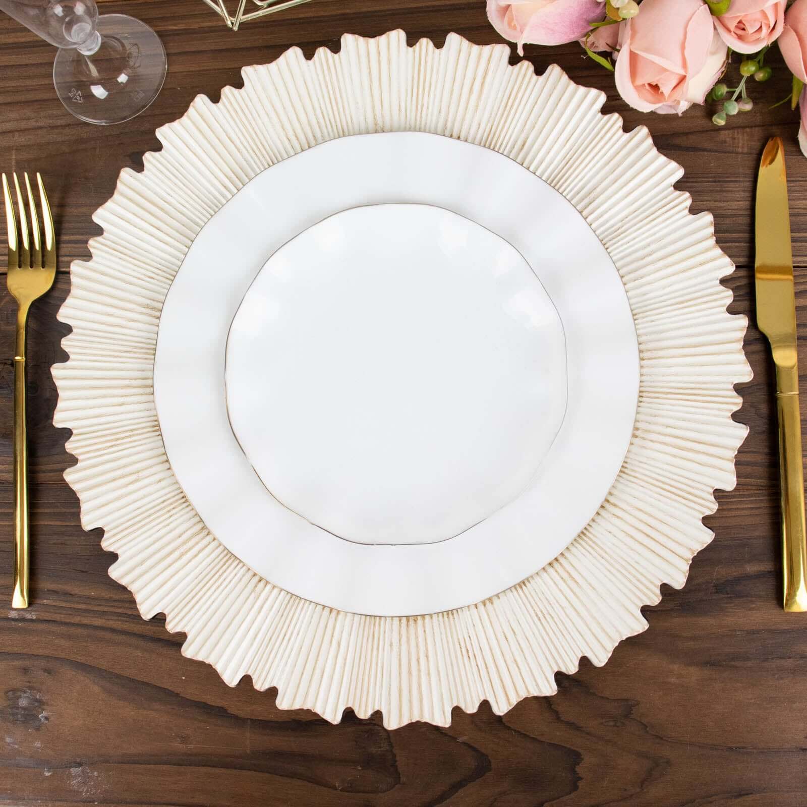6-Piece Set of 13-Inch Washwhite Acrylic Charger Plates with Sunray Scalloped Rim for Dinner Parties