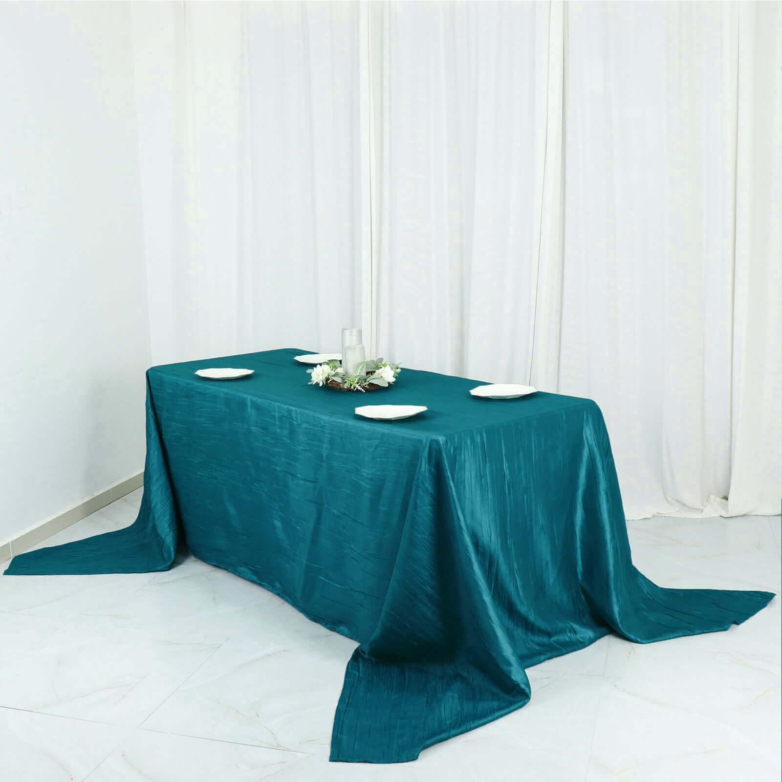 Teal Crinkle Taffeta 90x156 Rectangle Tablecloth - Seamless, Exquisite Cover