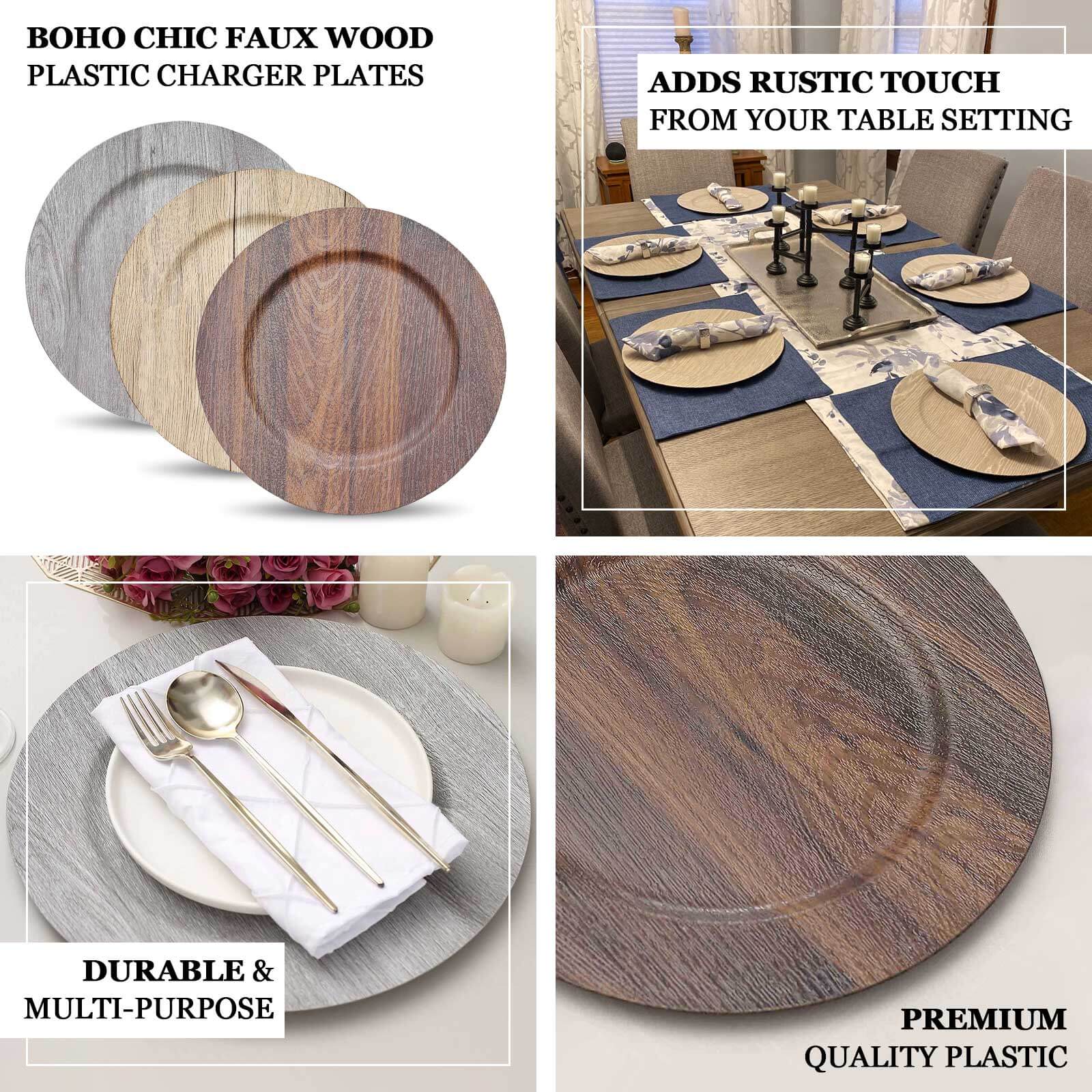 Hot Sale! 6-Piece Set of 13-Inch Dark Brown Plastic Charger Plates with Faux Wood Finish for Rustic Boho Dinner Parties