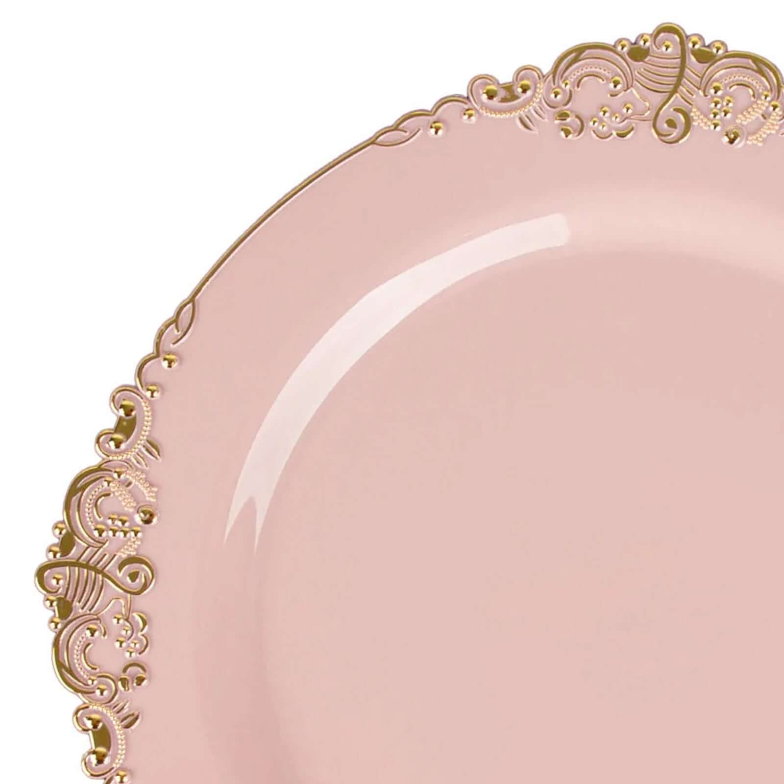 10-Pack Disposable Vintage Blush Plastic Round Dessert Plates with Gold Leaf Embossed Rim - Ideal for Events