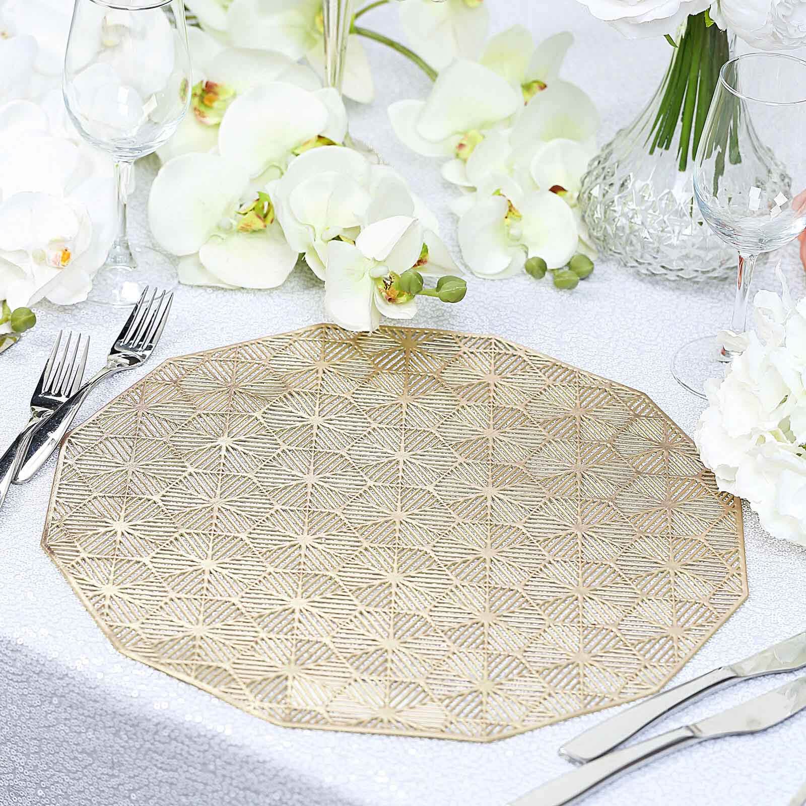 6-Piece Gold Geometric Woven Vinyl Dining Table Mats with Non-Slip Surface, 15 Inches