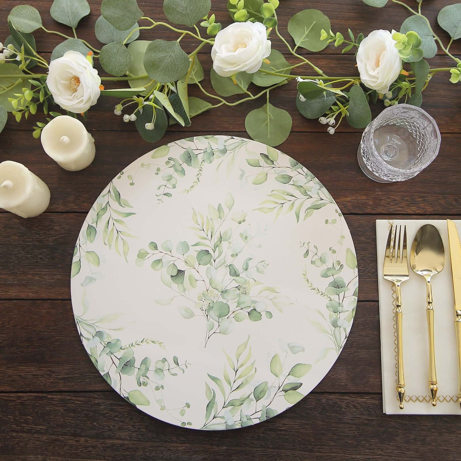 Hot Deal! 6-Pack 13-Inch Disposable Charger Plates with Eucalyptus Leaves Print, 700GSM Floral Paper Chargers