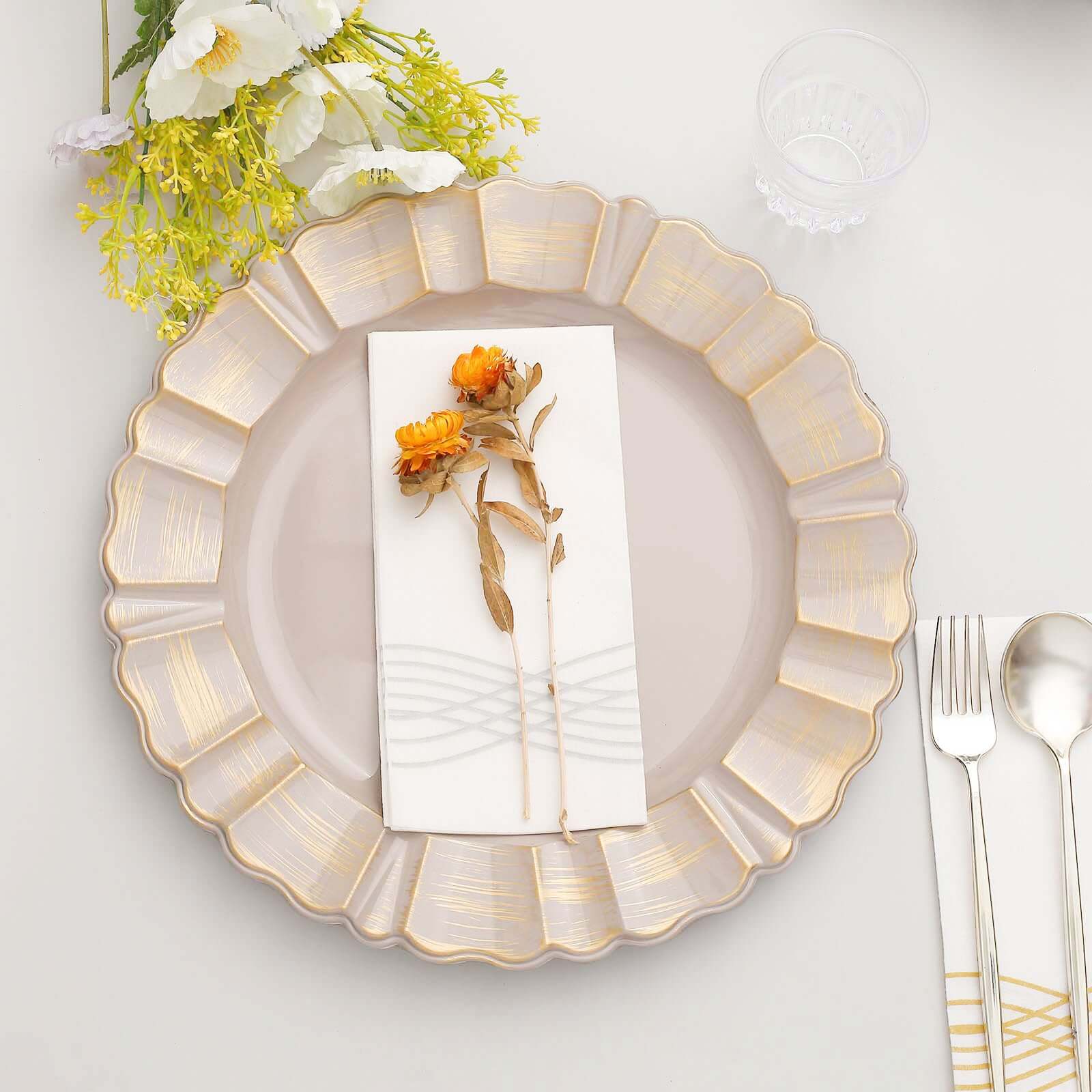 Hot Deal! 6-Pack 13-Inch Nude Taupe Acrylic Round Charger Plates with Gold Brushed Wavy Scalloped Rim for Dinner Parties