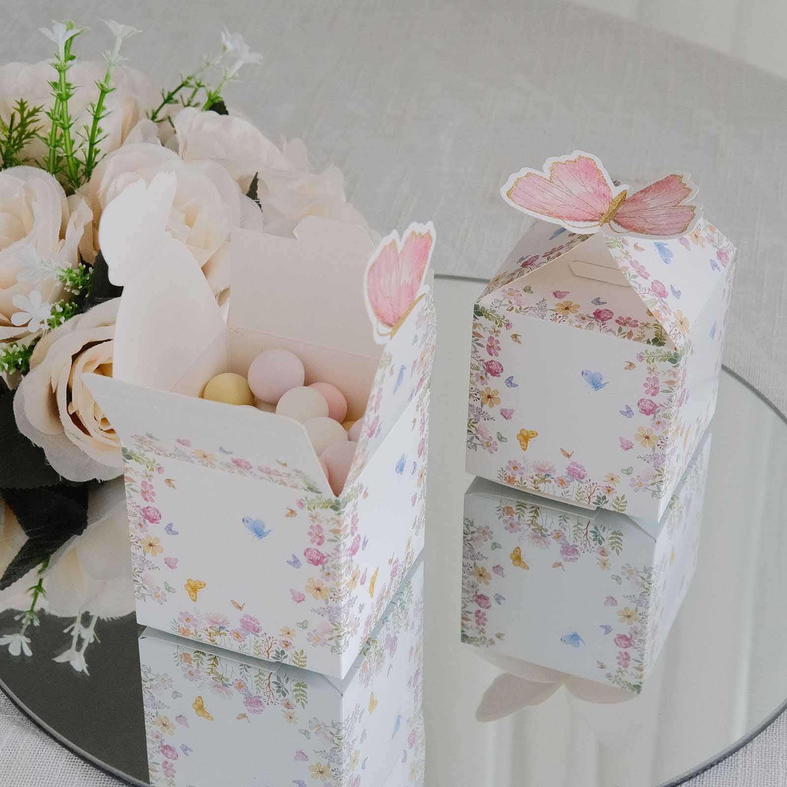 Hot Deal! 25-Pack White and Pink Glitter Butterfly Top Floral Party Favor Candy Gift Boxes