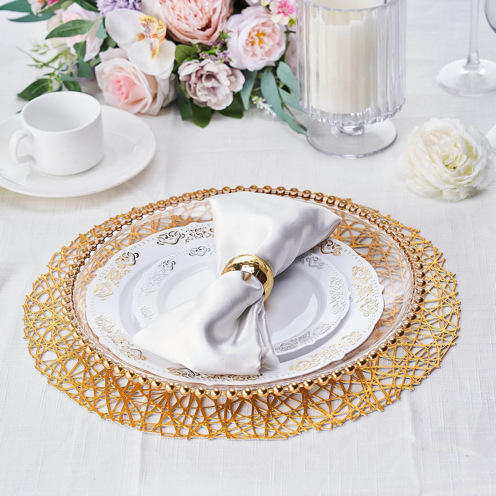 6-Piece Set of Durable Gold Vinyl Round Woven Non-Slip Dining Placemats 15
