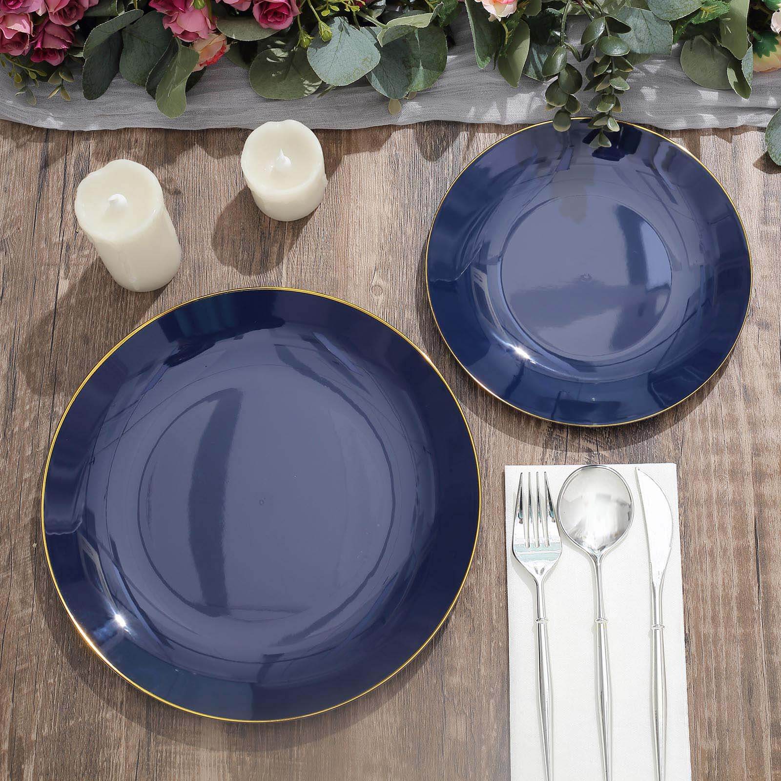 10-Pack Navy Blue Plastic Round Dinner Plates with Gold Rim - Disposable for Party