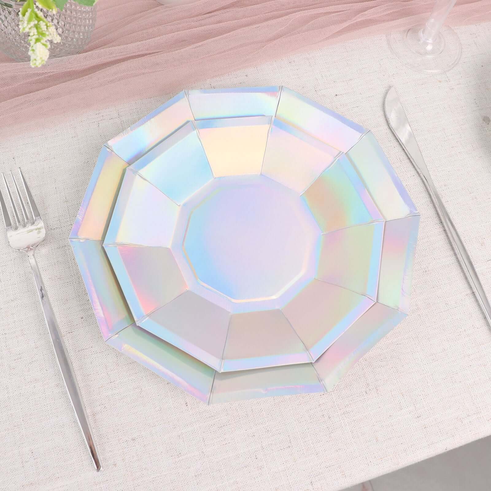 25-Pack 9-Inch Iridescent Decagon Disposable Dinner Plates for Disco & Space Parties