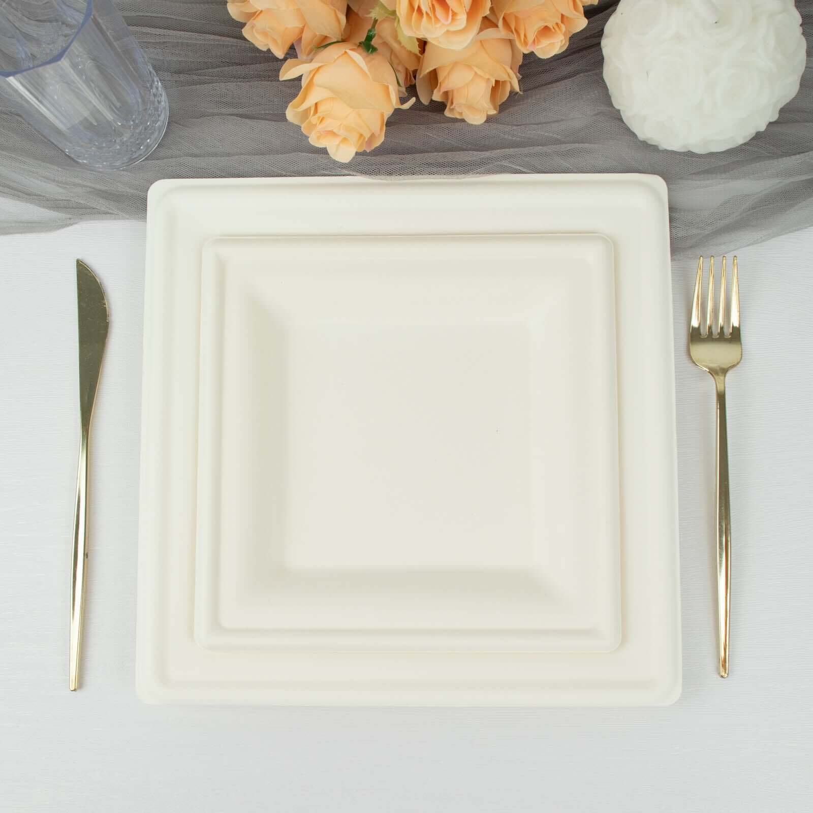 50-Pack White Bagasse 8" Square Wide Rim Dessert/Salad Plates - Eco-Friendly for Parties