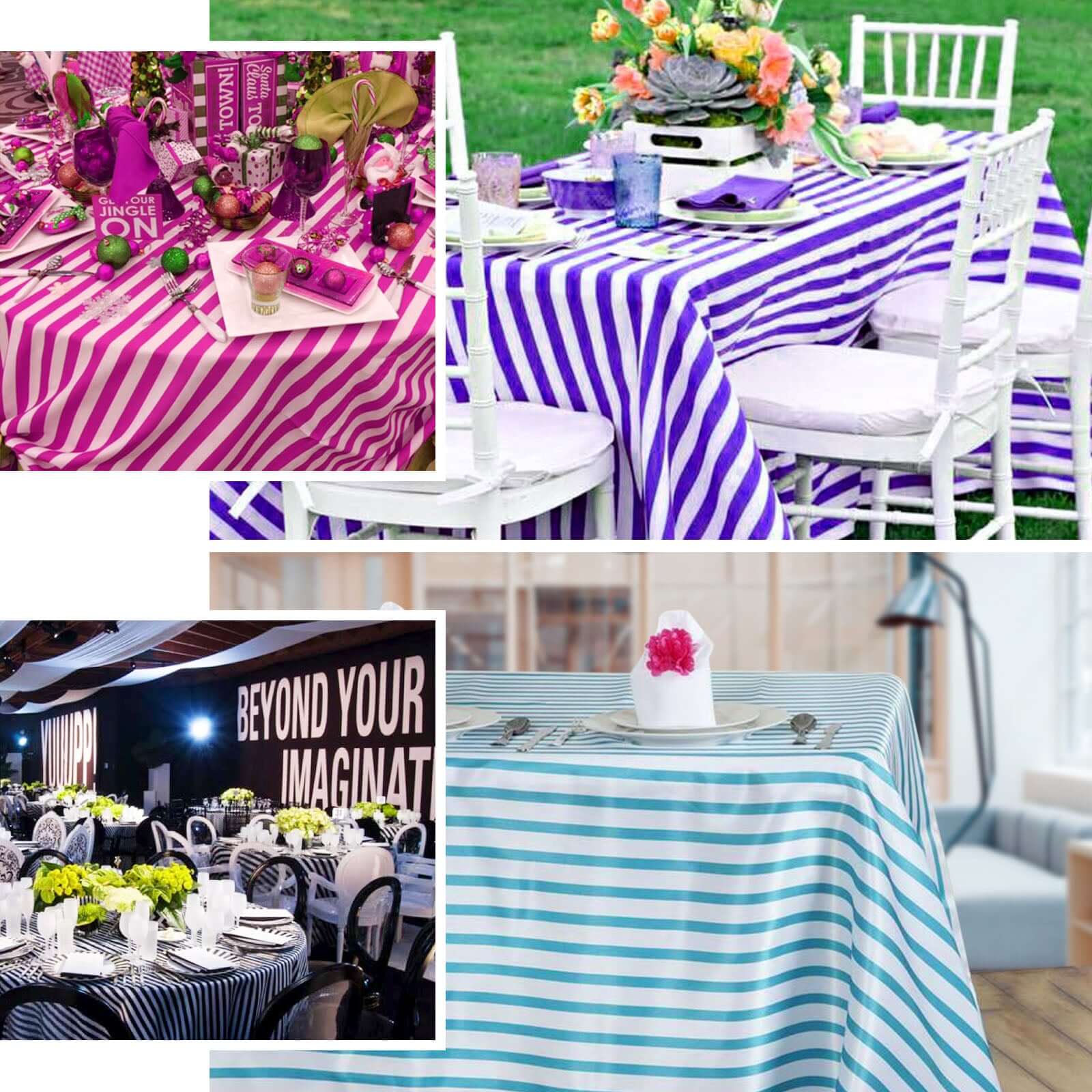 60x102 Rectangle Satin Tablecloth in White/Fuchsia Stripes with Silky Finish