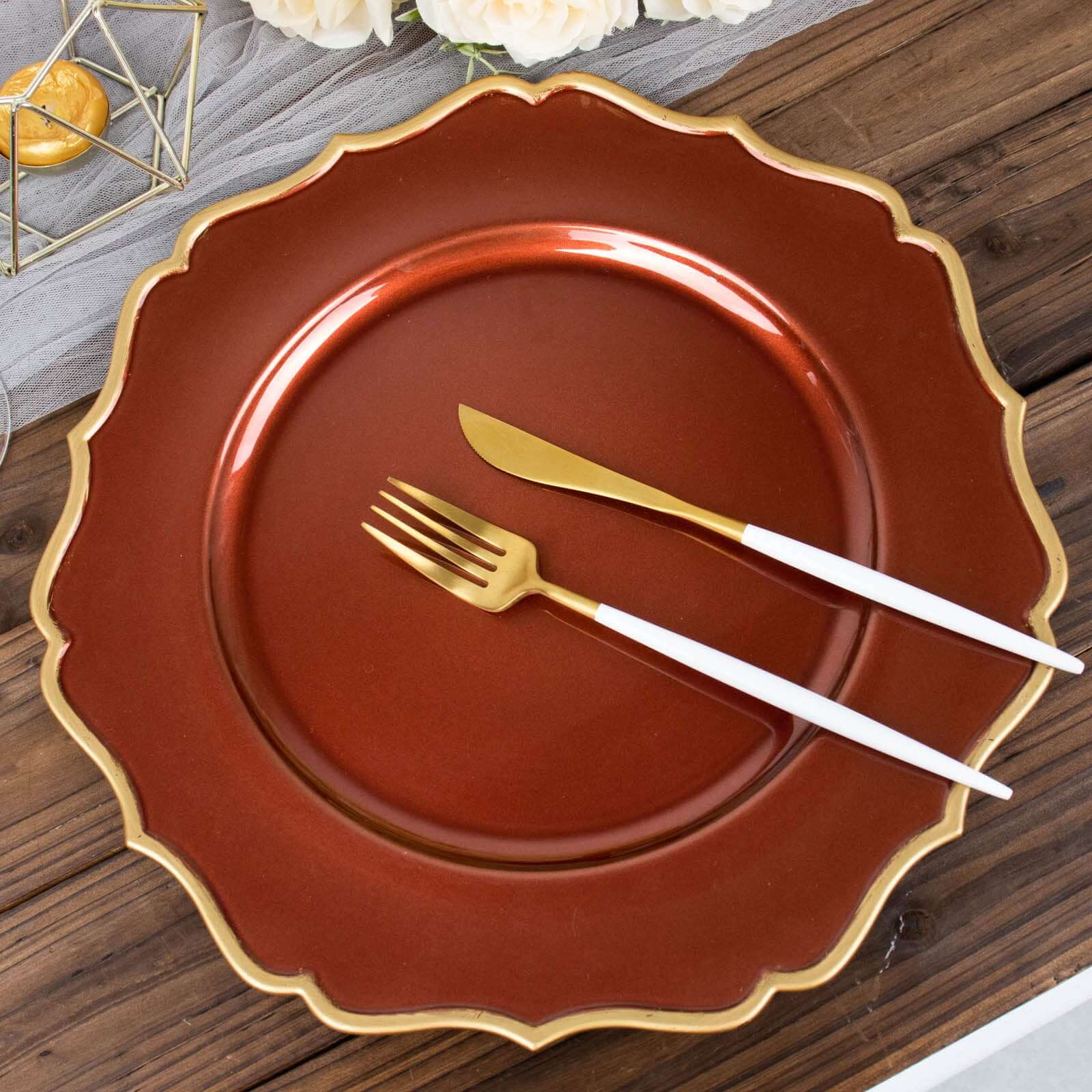 Hot Sale! 6-Piece Set of 13-Inch Terracotta (Rust) Acrylic Charger Plates with Gold Scalloped Rim for Dinner Parties