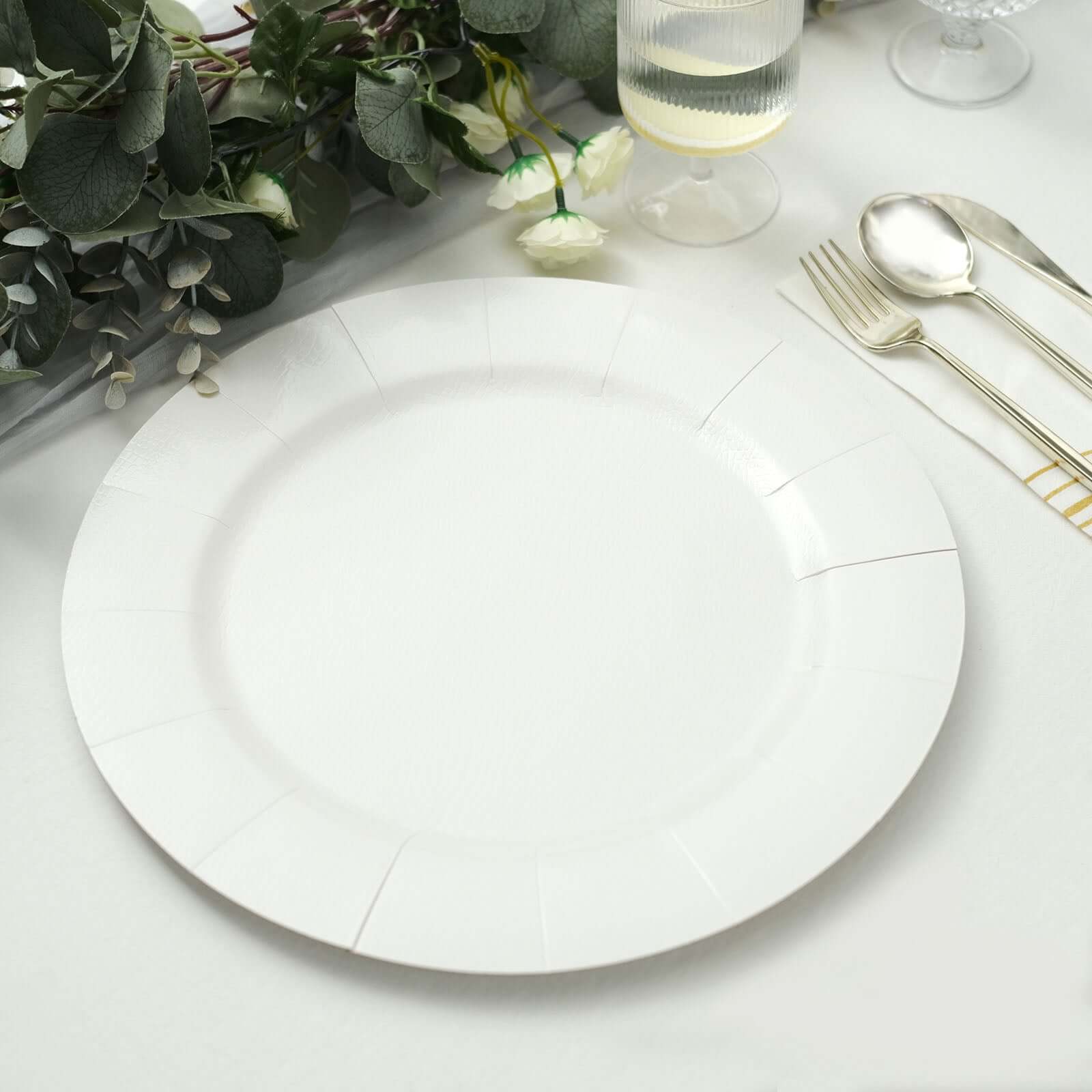 10-Pack White Disposable Round Charger Plates with Leathery Texture - Ideal for Parties