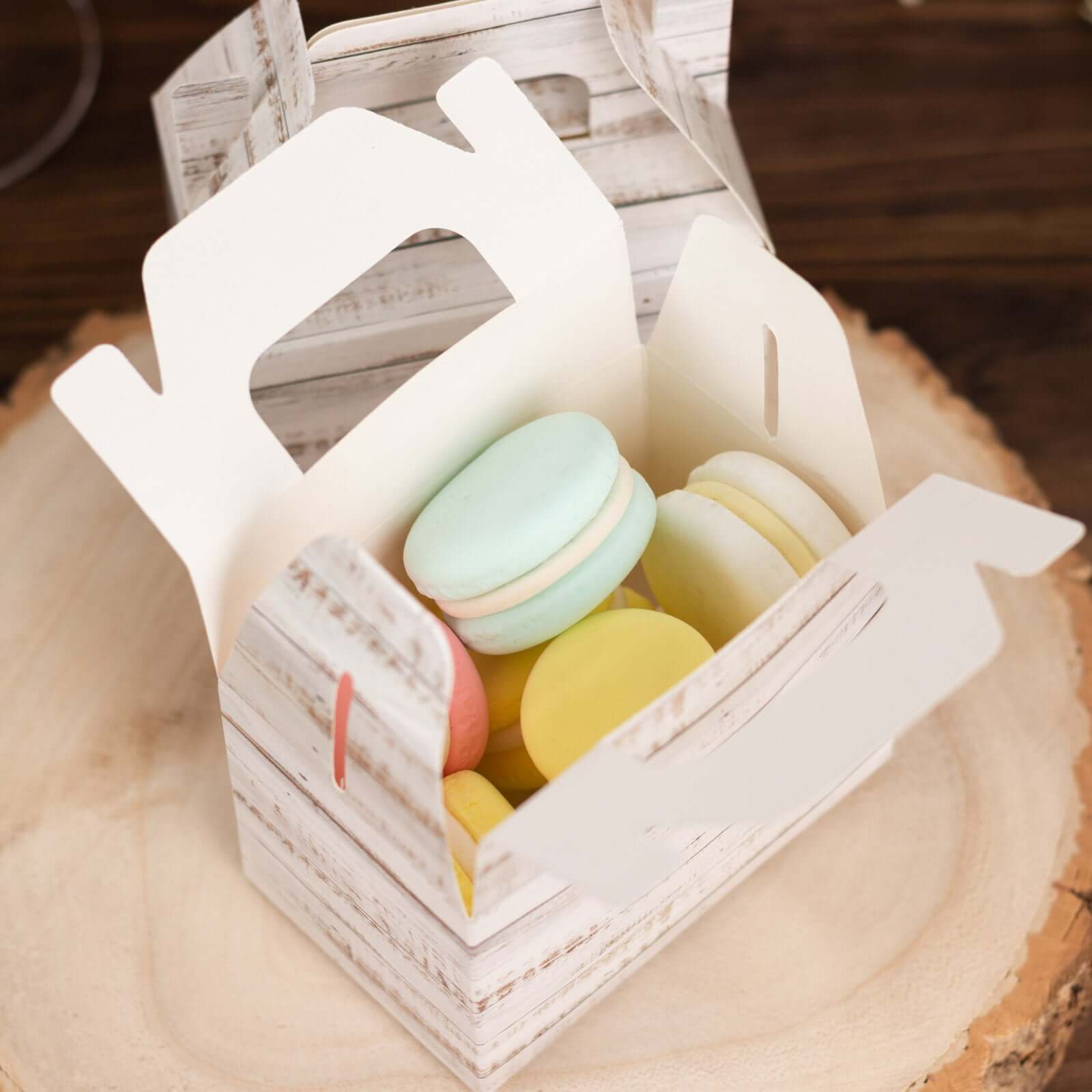 Get 25-Pack Rustic White Candy Gift Tote Gable Boxes with Wood Pattern