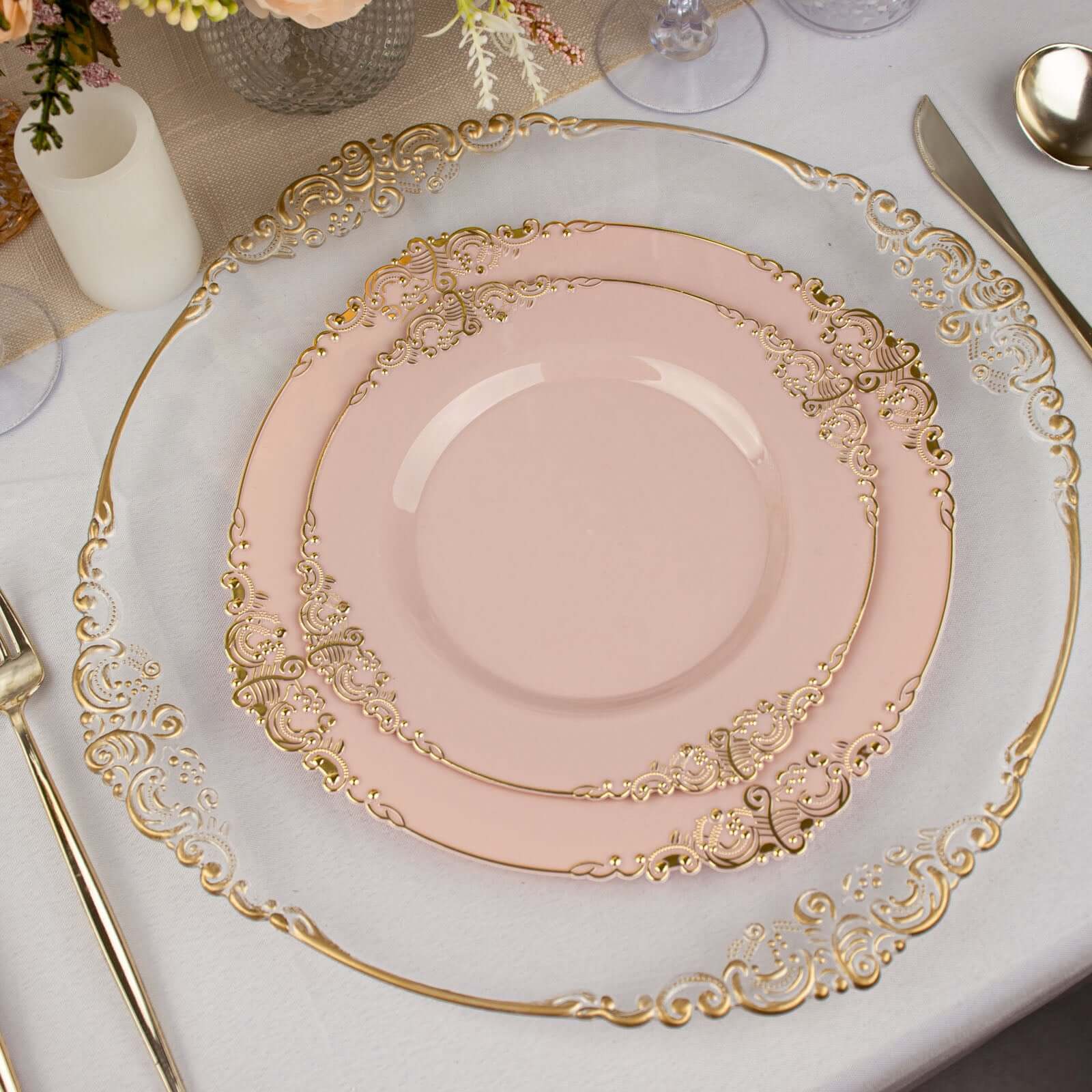 10-Pack Disposable Vintage Blush Plastic Round Dessert Plates with Gold Leaf Embossed Rim - Ideal for Events