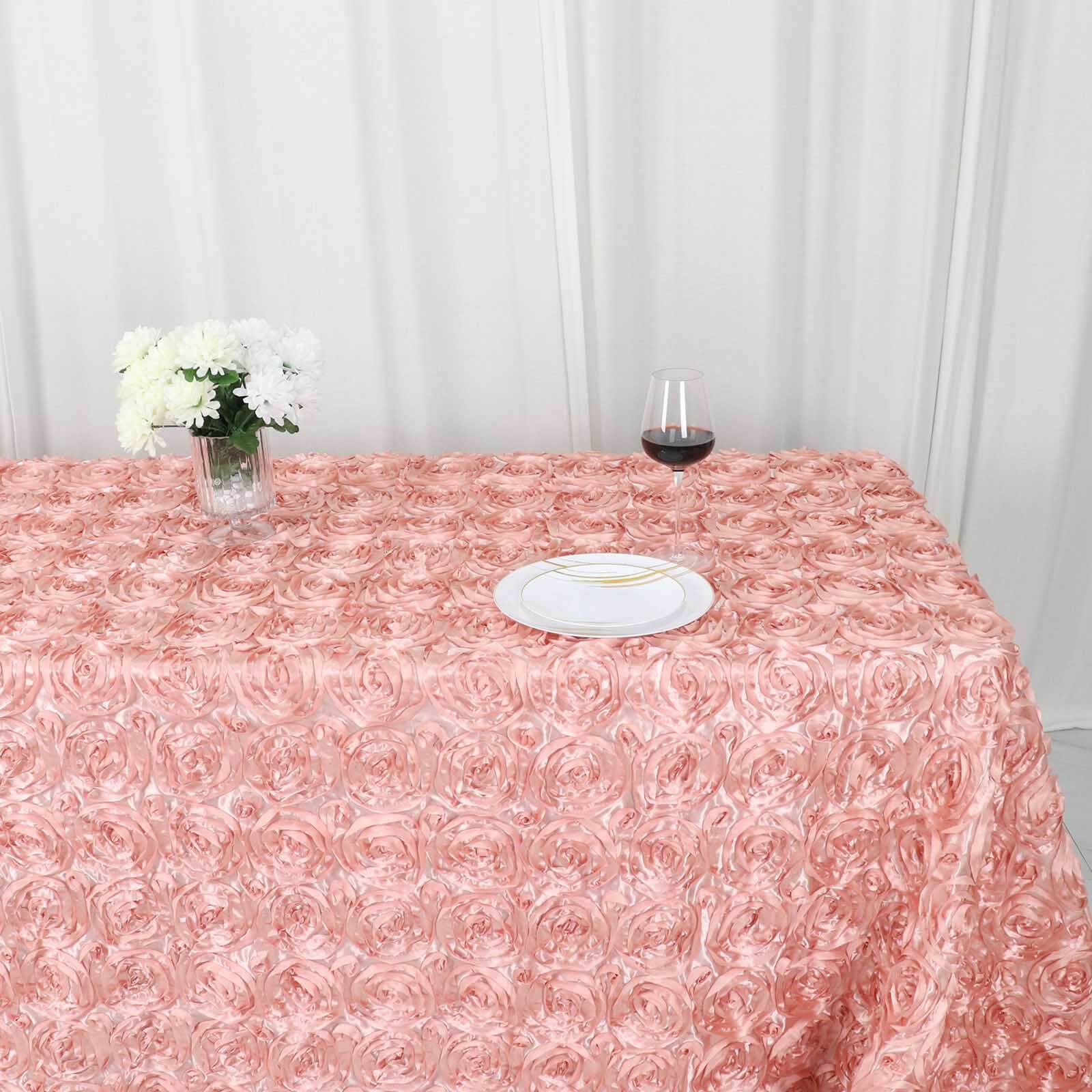 Luxurious Dusty Rose Satin 90x132 Rectangle Tablecloth with 3D Rosette Design