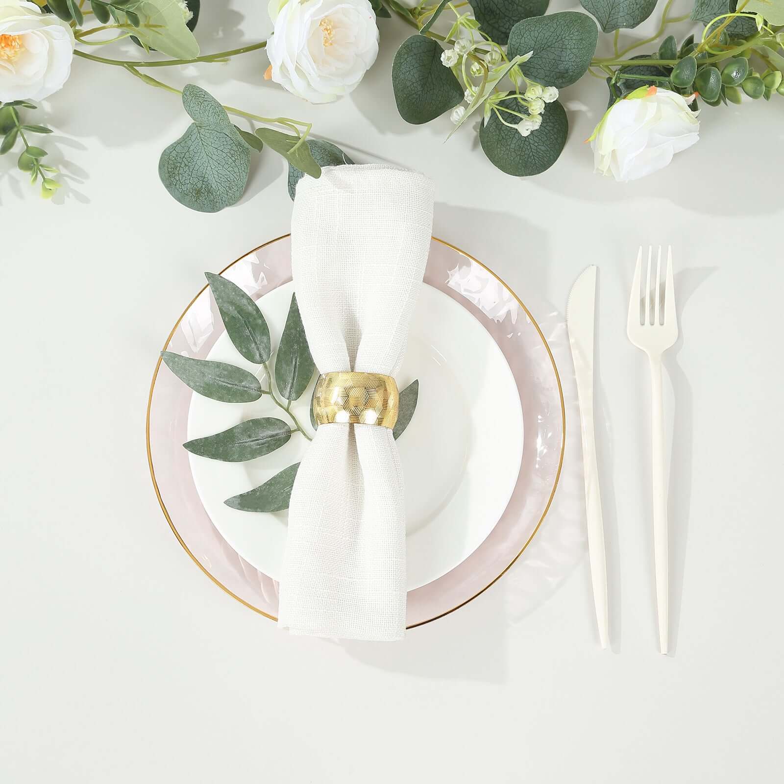 10-Piece Set of 9-Inch Transparent Blush Plastic Dinner Plates with Hammered Gold Rim - Disposable for Parties