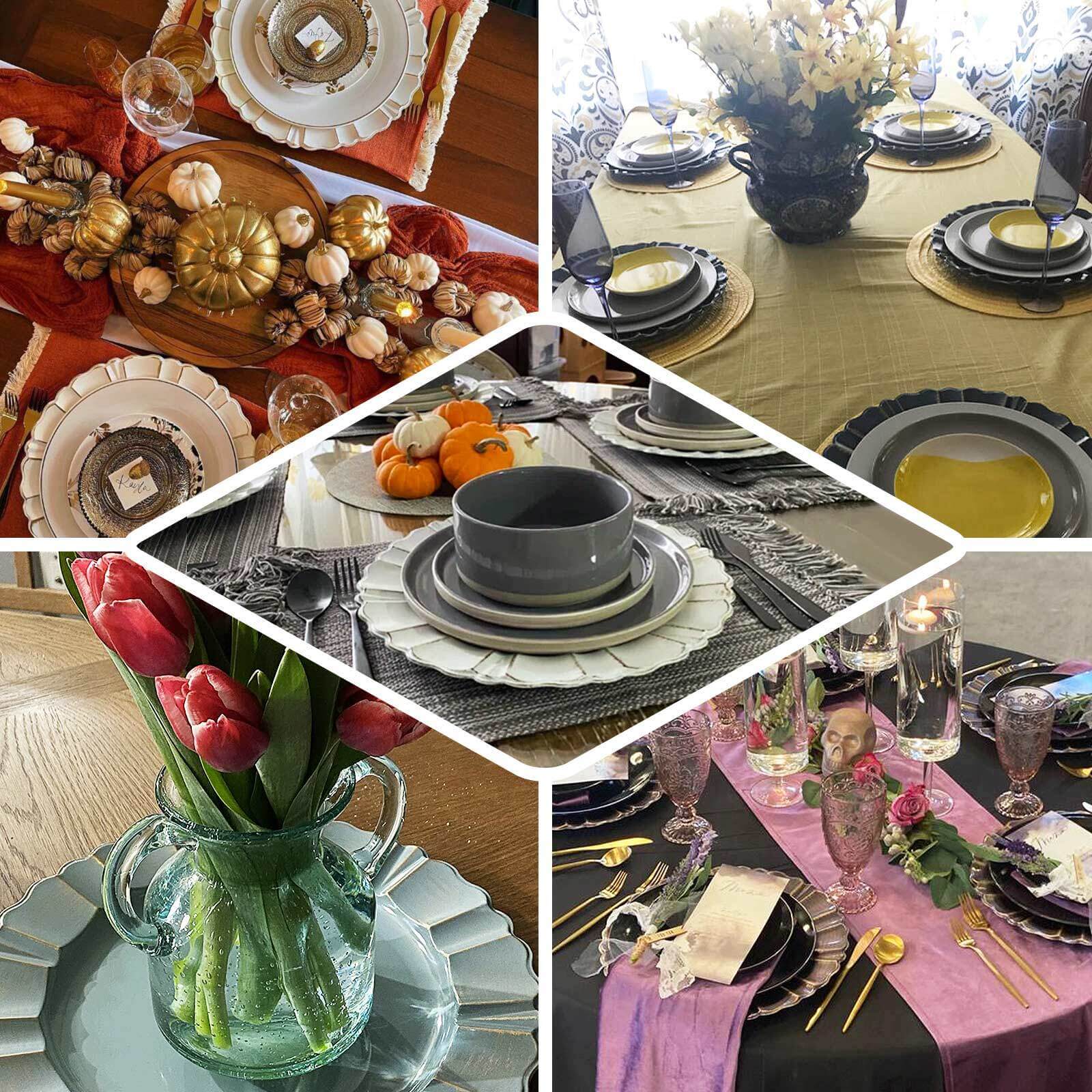Hot Sale! 6-Piece Set of 13-Inch Matte Black Acrylic Plastic Round Charger Plates with Gold Brushed Wavy Scalloped Rim for Dinner Parties
