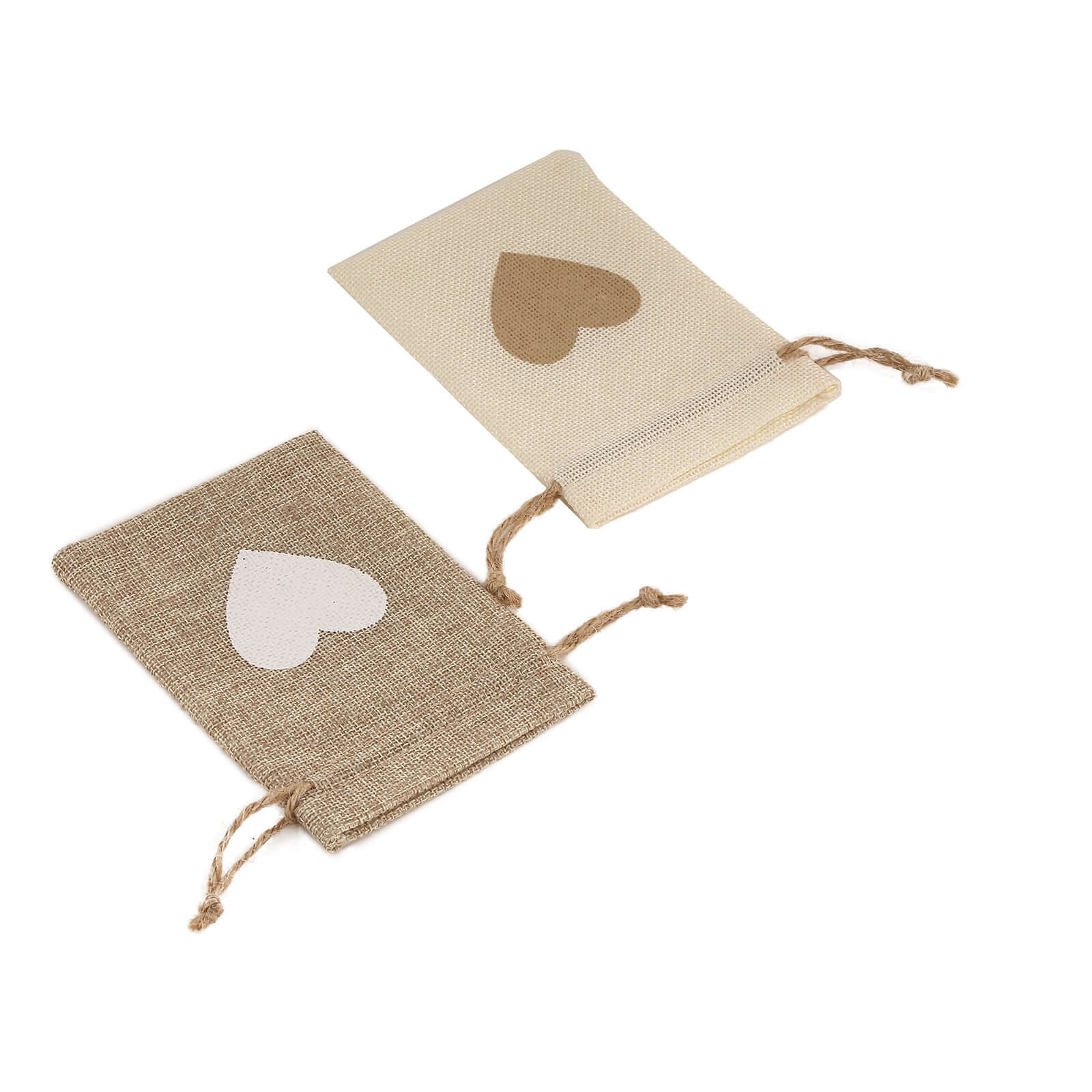 20-Piece Set of 4x5 Natural Ivory Heart-Printed Jute Burlap Drawstring Gift Bags for Rustic Weddings