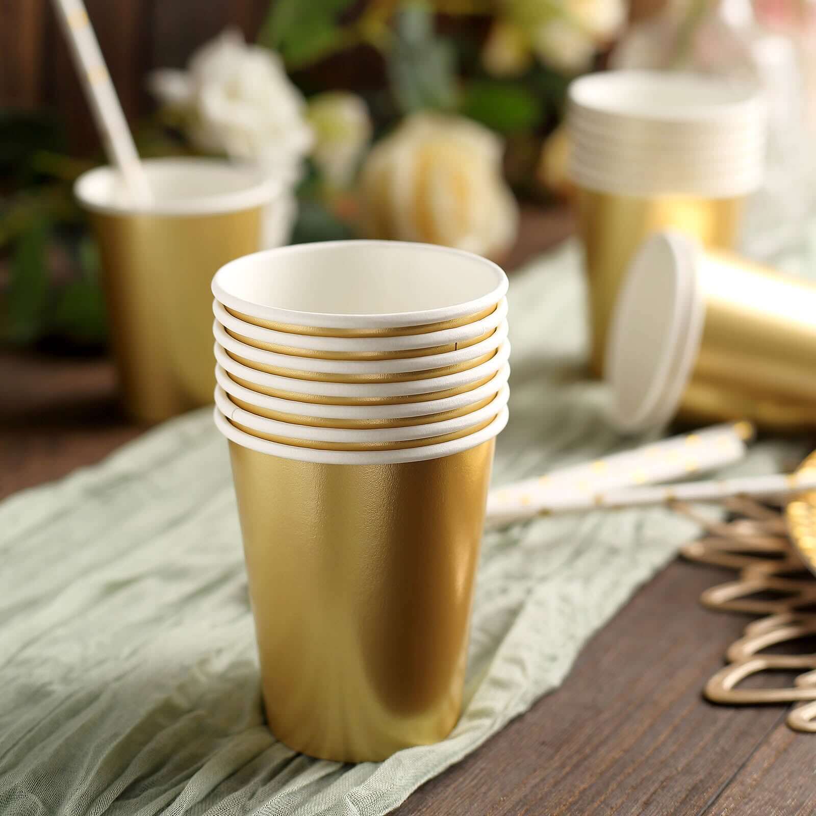 Get 24-Pack 9oz Metallic Gold Disposable Paper Cups for Hot & Cold Drinks
