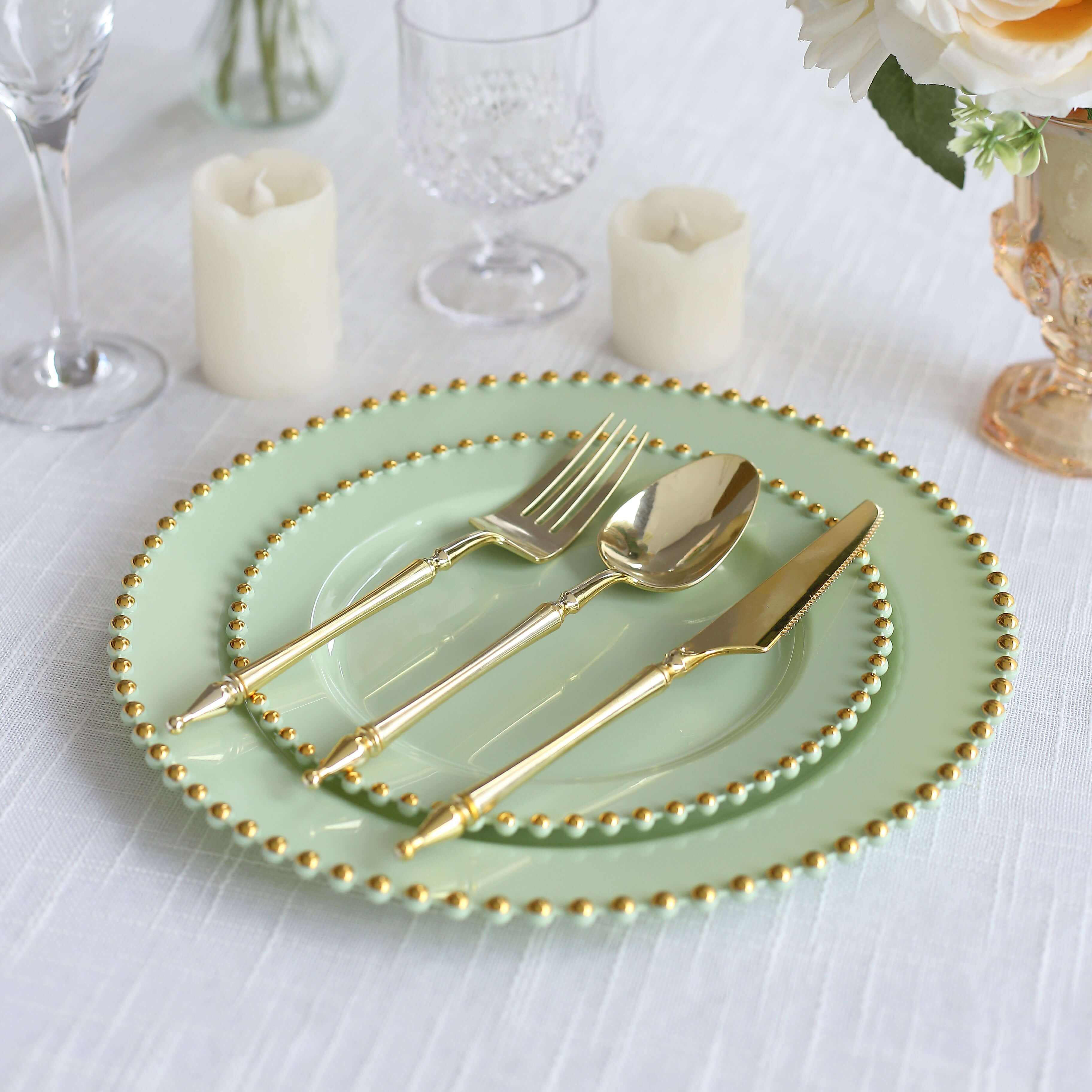Hot Deal! 10-Piece Set of Sage Green Round Disposable Plastic Dessert Plates with Gold Beaded Rim for Parties