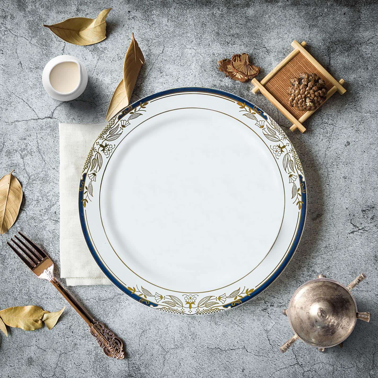 10-Pack Disposable White Dinner Plates with Royal Blue Rim and Gold Vine Design for Special Events