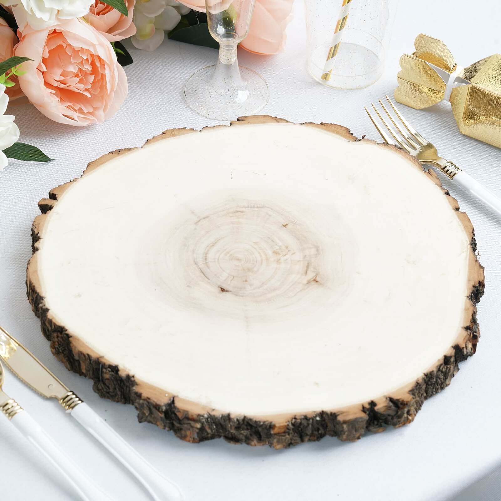 12-Piece Natural Poplar Wood Charger Plates with Bark Edge for Rustic Wedding Tables