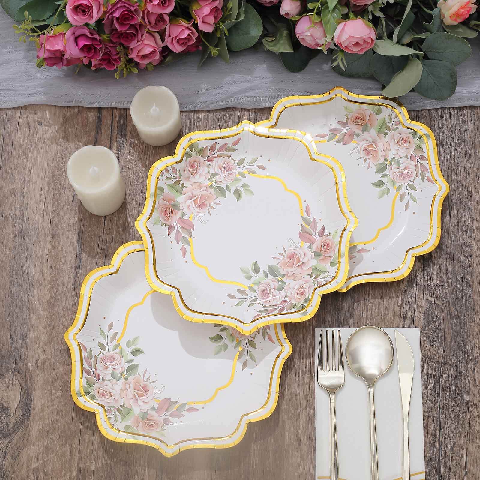 25-Pack Disposable 8-Inch White Floral Gold-Scalloped Dessert Plates for Events