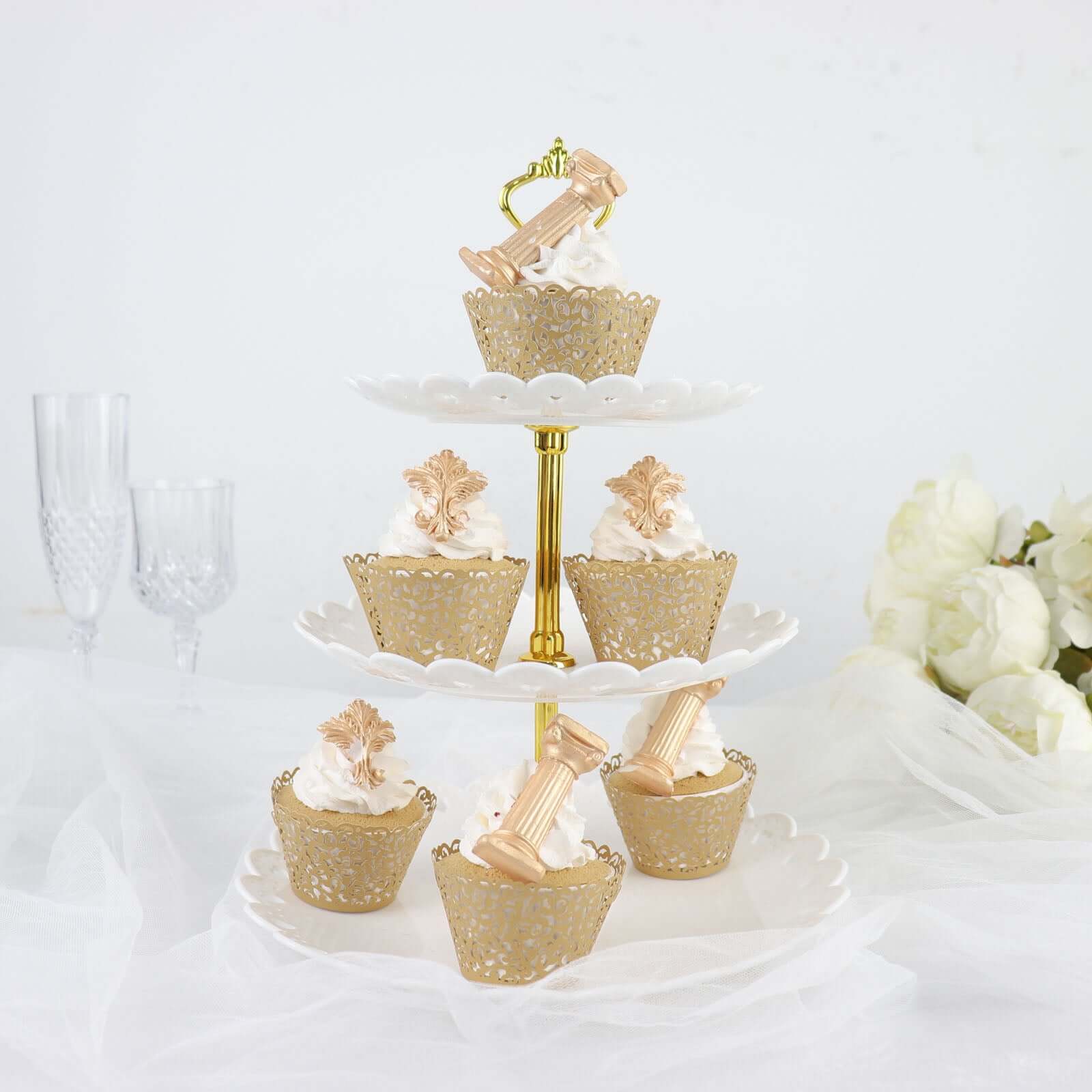 25-Piece Gold Lace Laser-Cut Paper Cupcake Wrappers for Event Baking