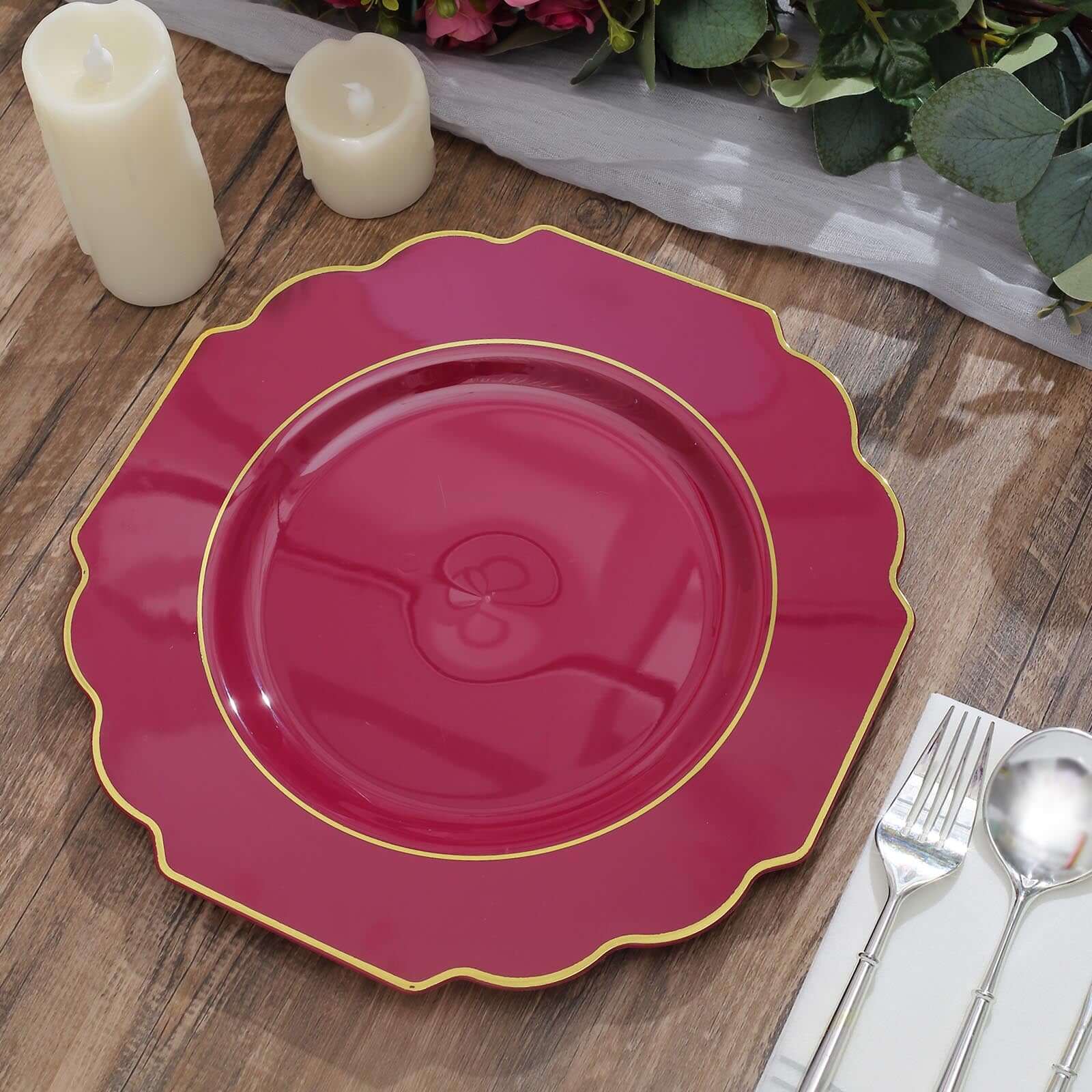 10-Piece Set of Heavy Duty Disposable Burgundy Baroque Dinner Plates with Scalloped Gold Rim