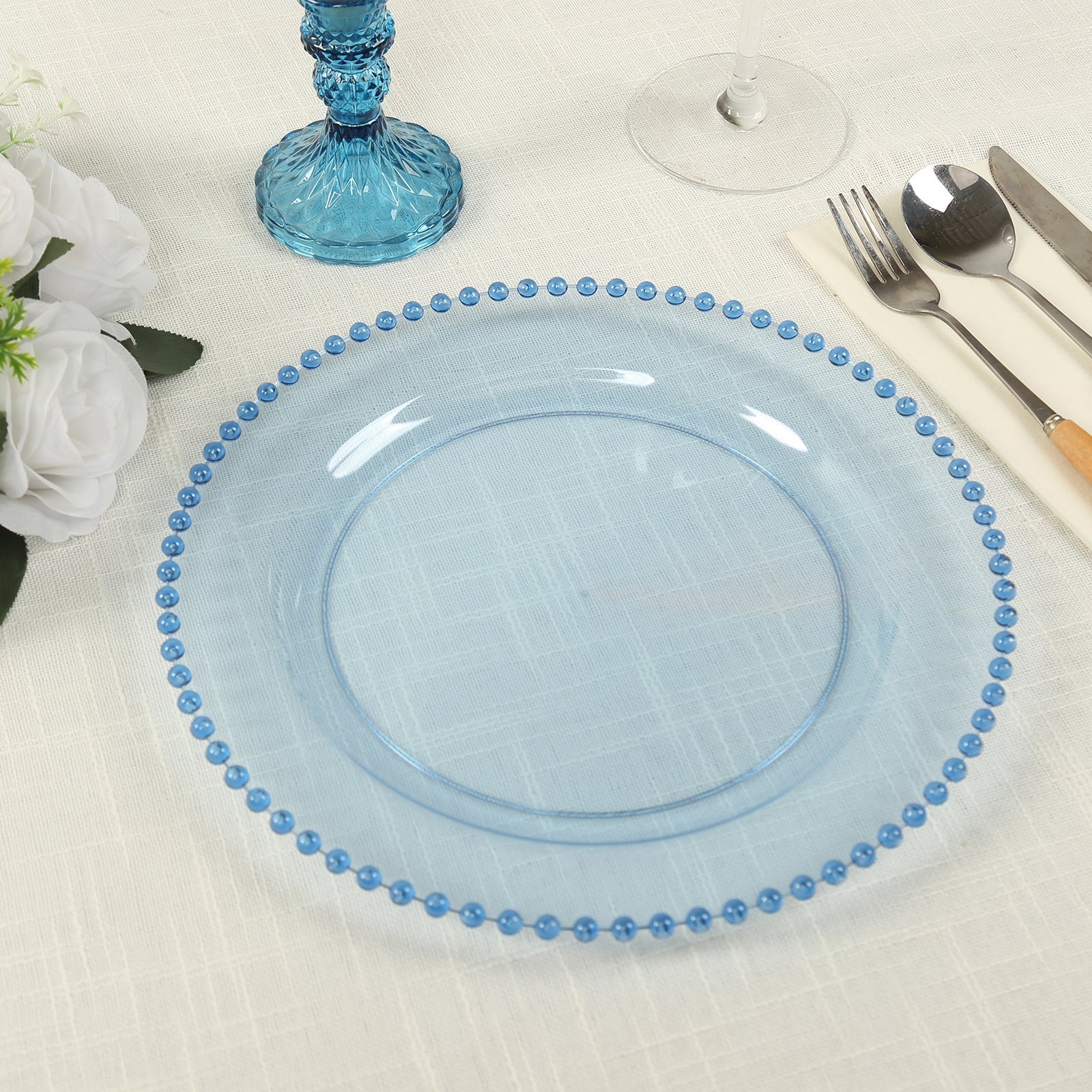 10-Piece Set of Disposable Round Plastic Dinner Plates in Transparent Dusty Blue with Beaded Edge
