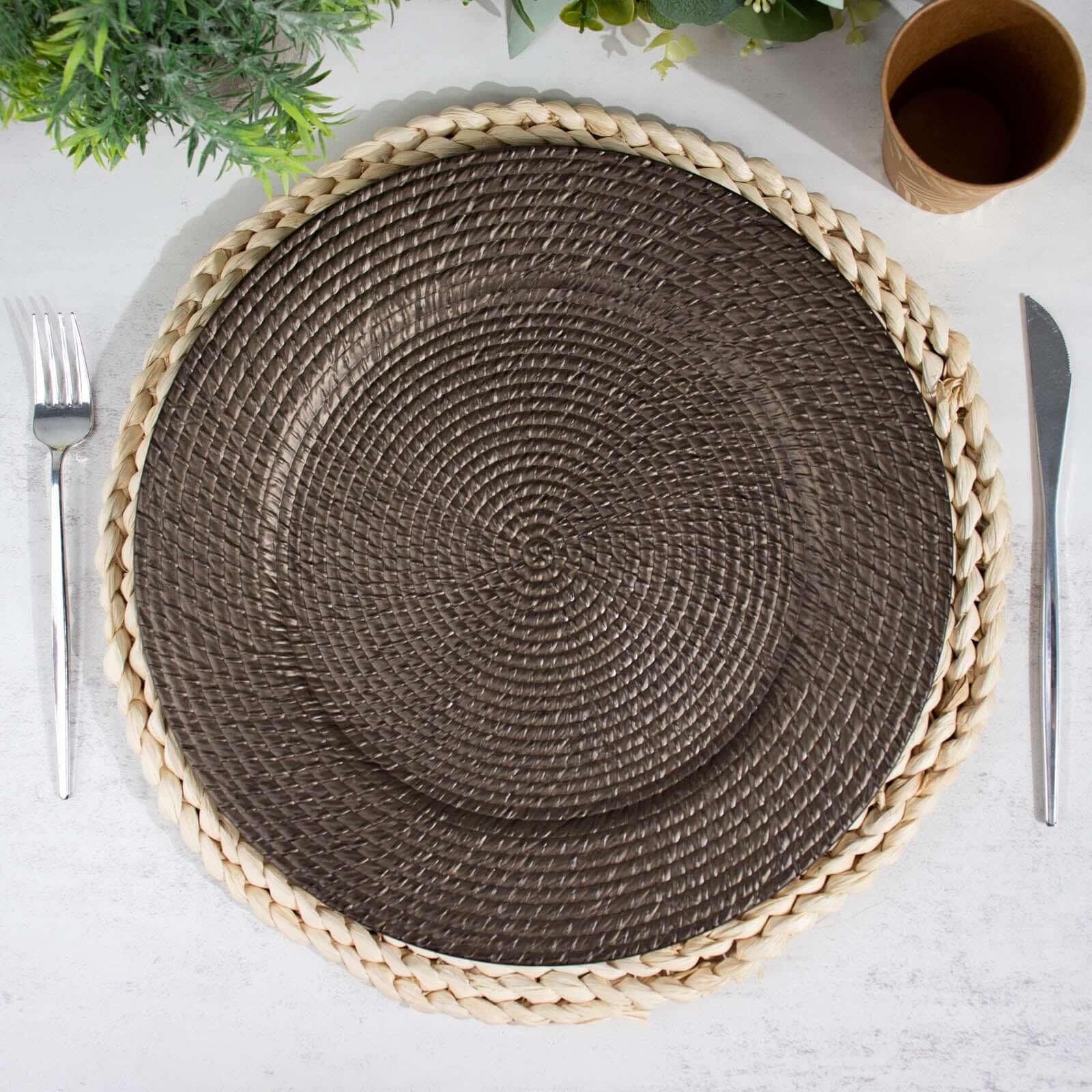 6-Piece Set of 13-Inch Natural Brown Acrylic Charger Plates with Rattan Look, Reusable for Events