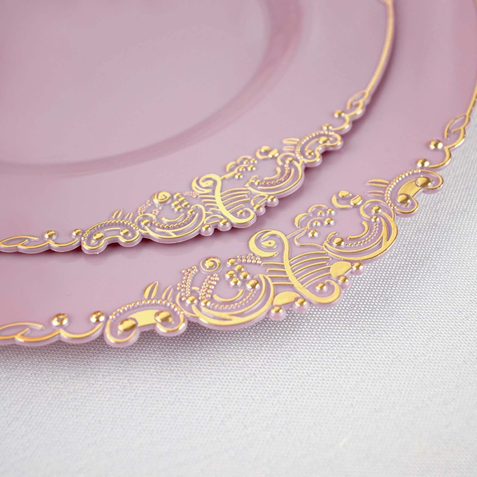 Hot Deal! 10-Pack Disposable Plastic Round Dinner Plates in Lavender Lilac with Gold Leaf Embossed Rim, Vintage Baroque Style
