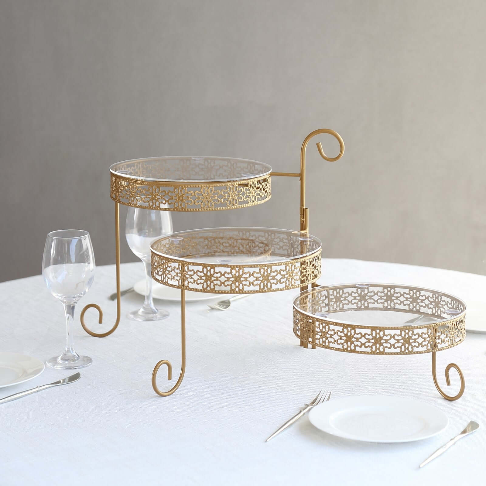 3-Tier Gold Metal Rotating Cupcake Stand with Clear Acrylic Plates - Hollow Lace Design