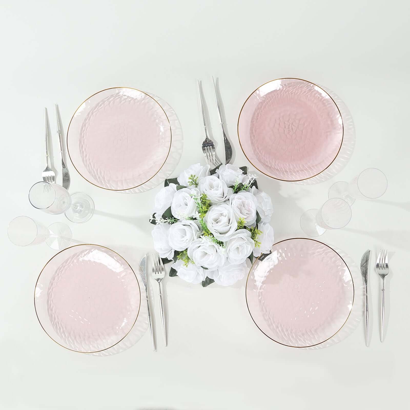 10-Piece Set of 9-Inch Transparent Blush Plastic Dinner Plates with Hammered Gold Rim - Disposable for Parties