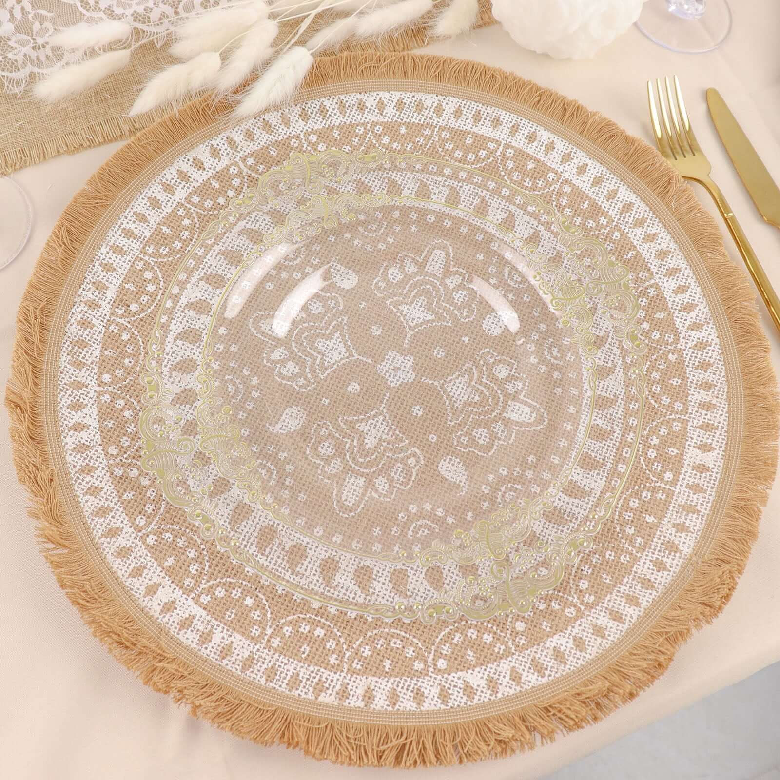 4-Pack Natural Jute and White Round Placemats with Fringe Print - Rustic Style, 15"