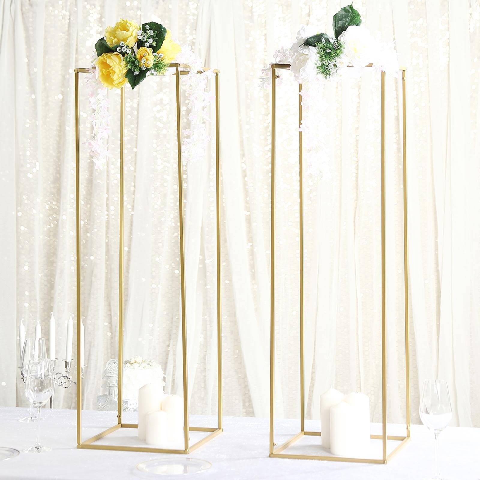 2-Pack Matte Gold Metal Rectangular Geometric Column Flower Stand for Elegant Arrangements