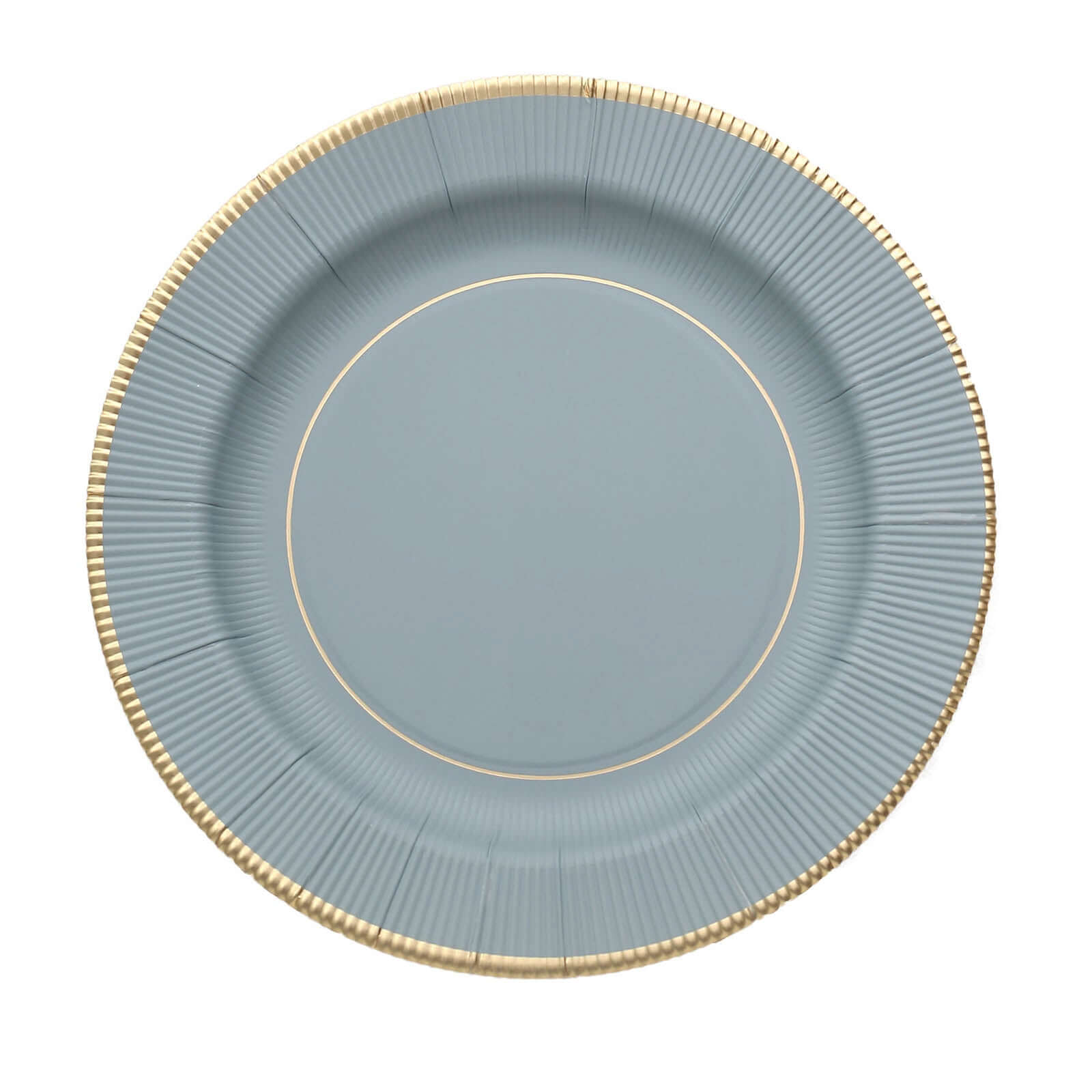 25-Piece Set of 8-Inch Disposable Dusty Blue Sunray Design Paper Dessert Plates with Gold Rim