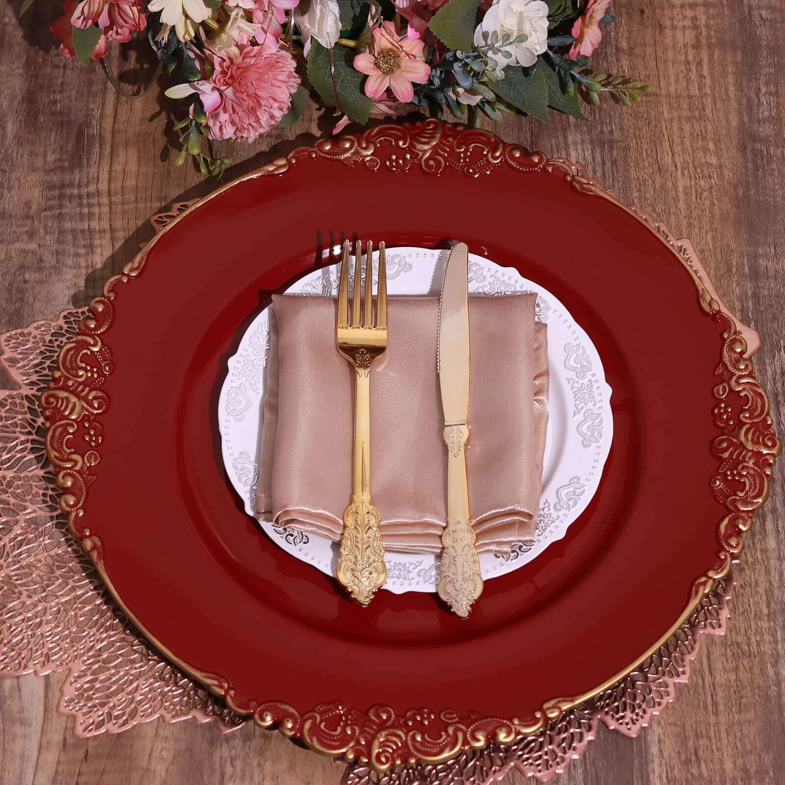 6-Piece Set of 13-Inch Burgundy Acrylic Round Charger Plates with Gold Embossed Baroque Rim for Decorative Dinners